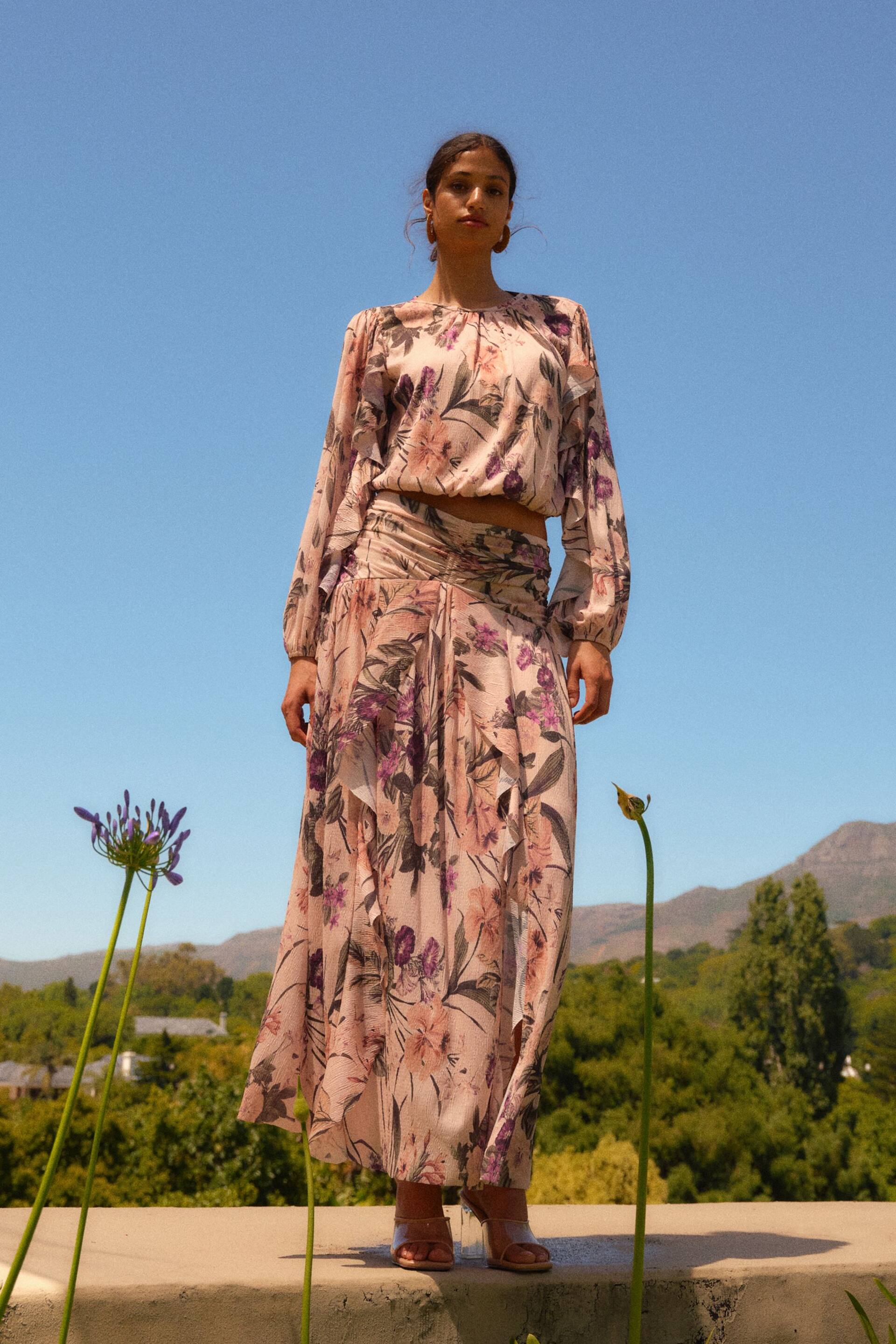 Blush Pink Floral Print Crinkle Mesh Maxi Skirt - Image 1 of 6