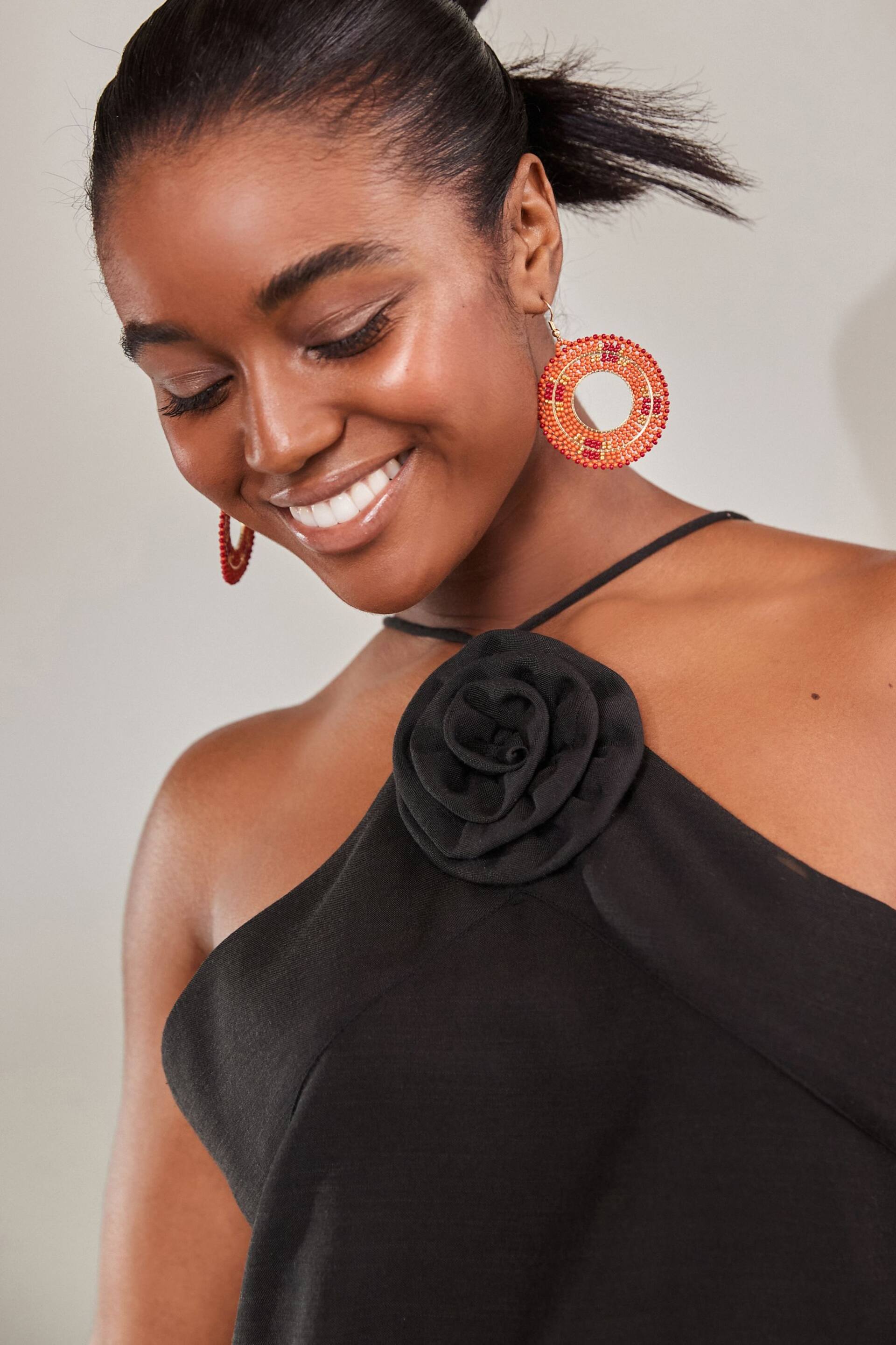 Red Seed Beaded Circle Drop Earrings - Image 1 of 3