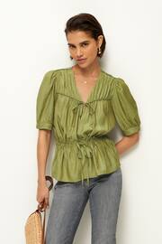 Green Tie Front Tiered Textured Short Sleeve Blouse - Image 1 of 6