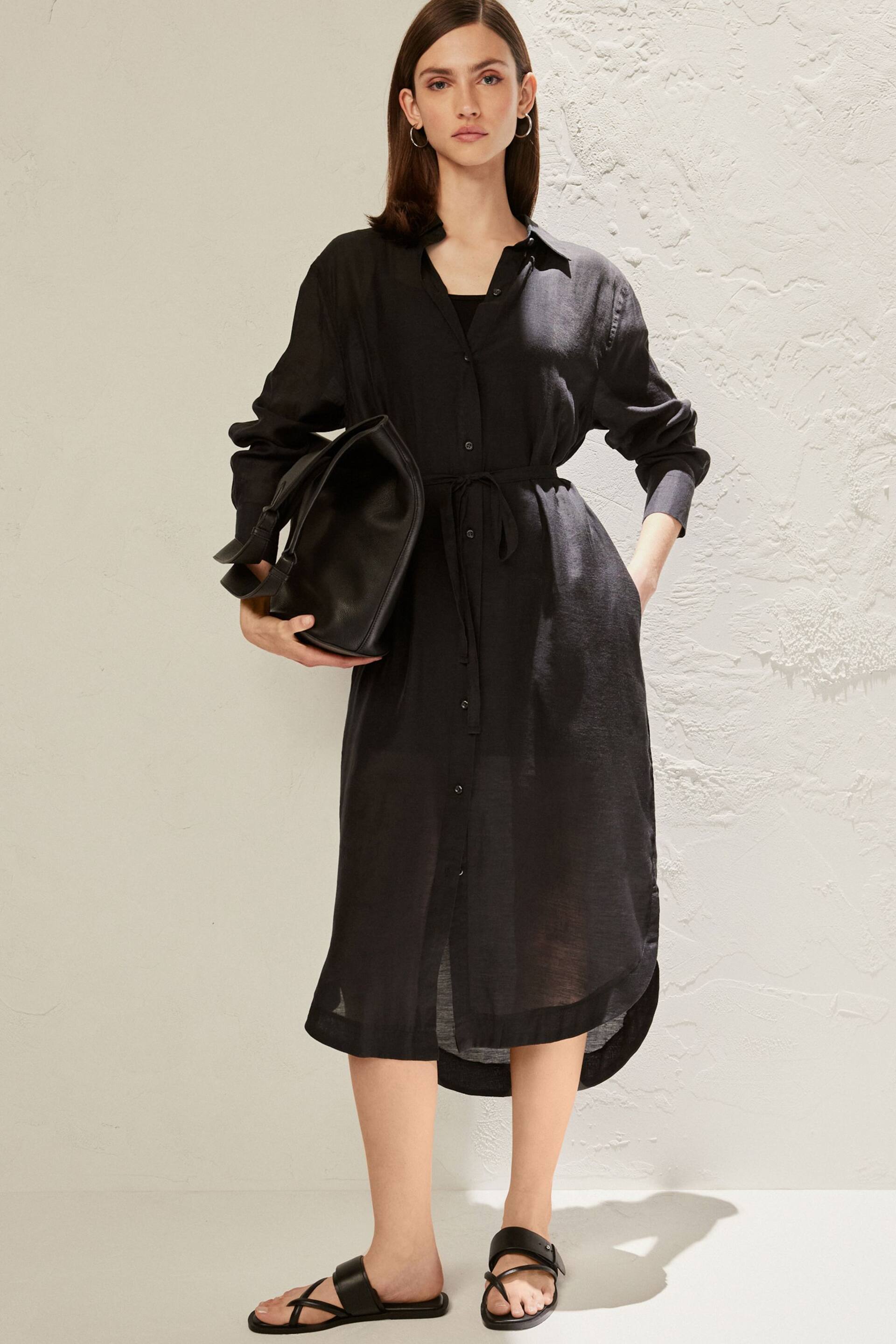 Black TENCEL™ Blend Belted Shirt Dress with Linen - Image 1 of 8