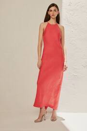 Coral Pink Premium 100% Linen Midi Dress - Image 1 of 5