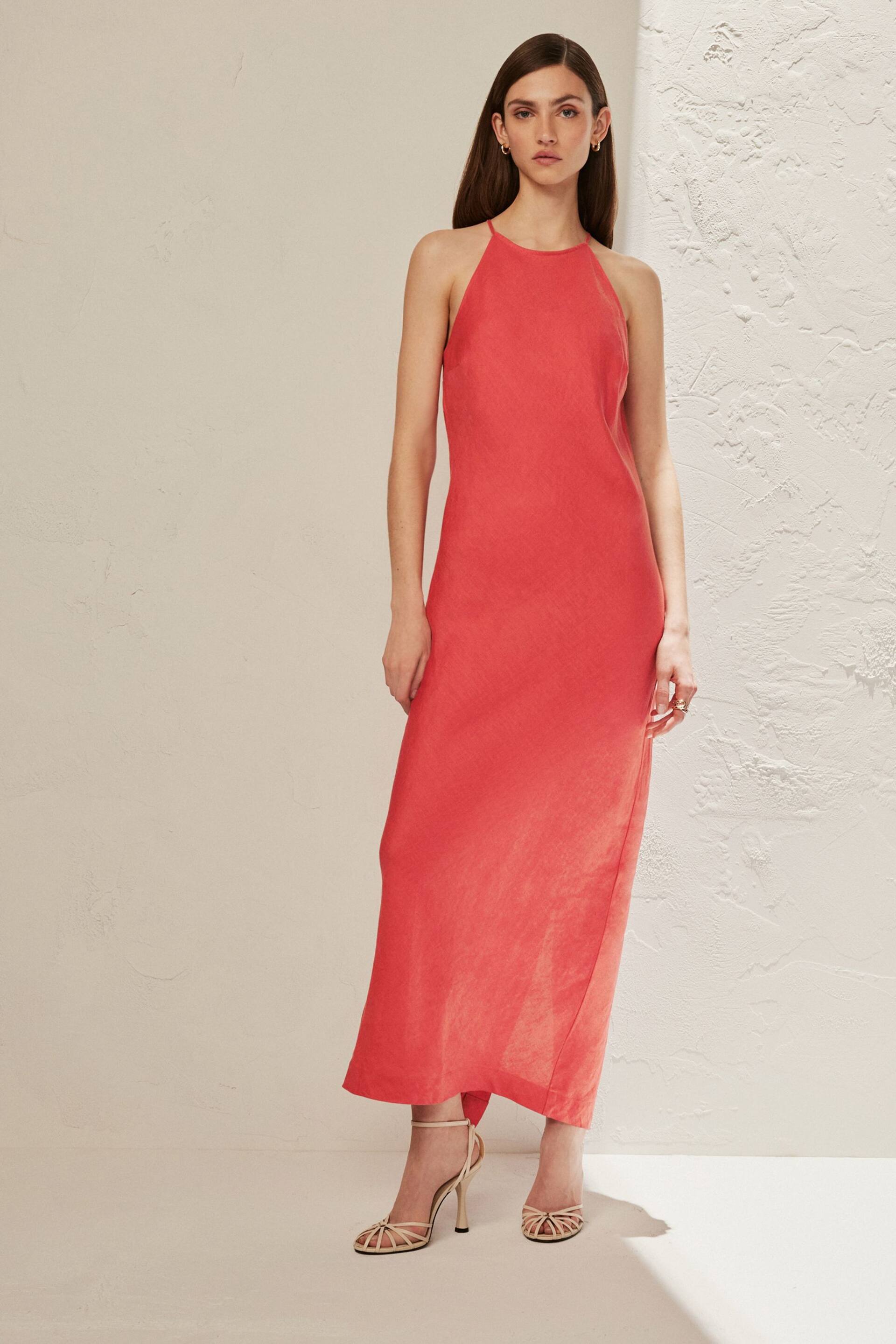 Coral Pink Premium 100% Linen Midi Dress - Image 1 of 5