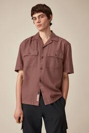 Rust Brown Linen Blend Short Sleeve Shirt with Cuban Collar - Image 1 of 9