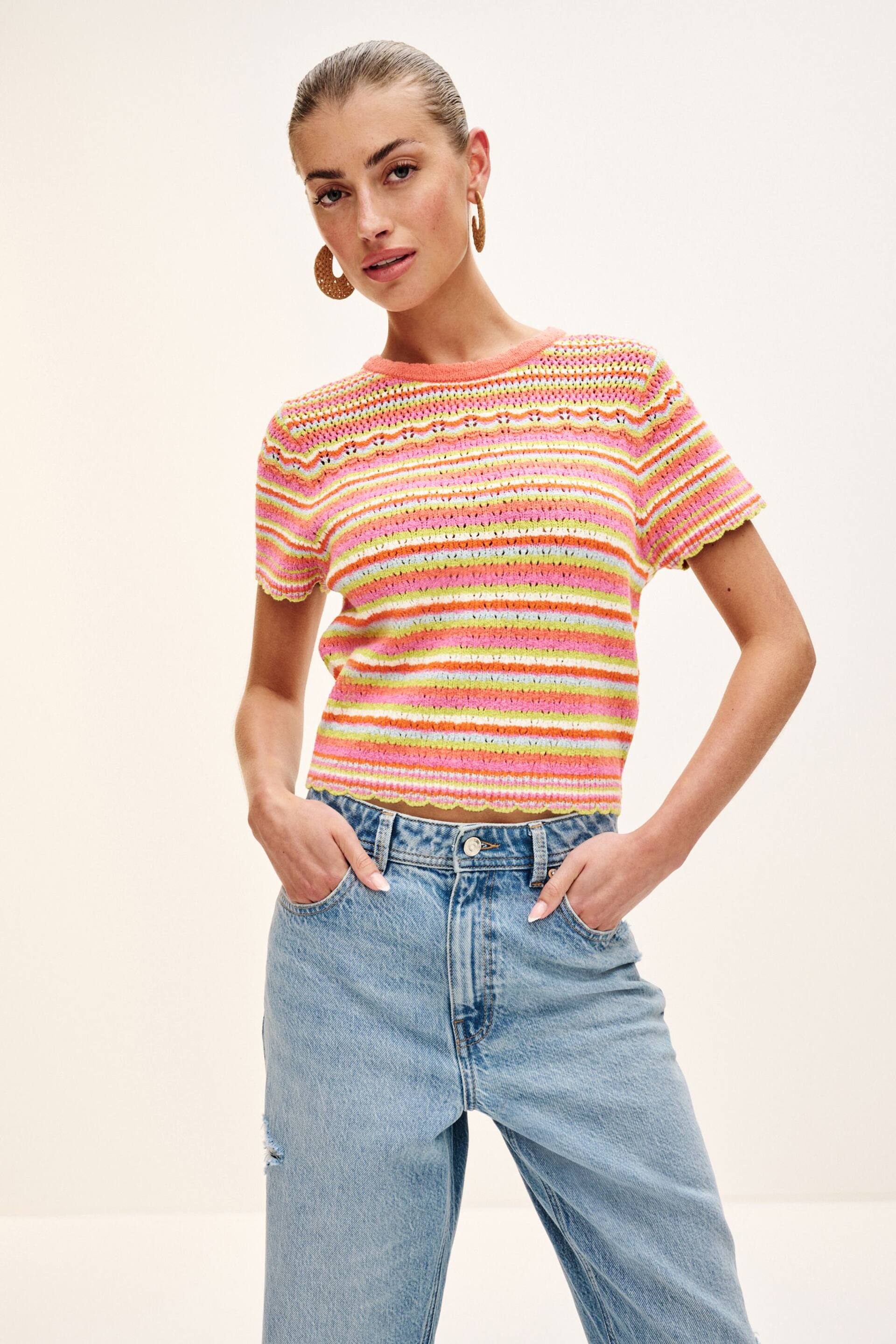 Pink Stripe Stitch Detail Knitted T-Shirt - Image 1 of 6