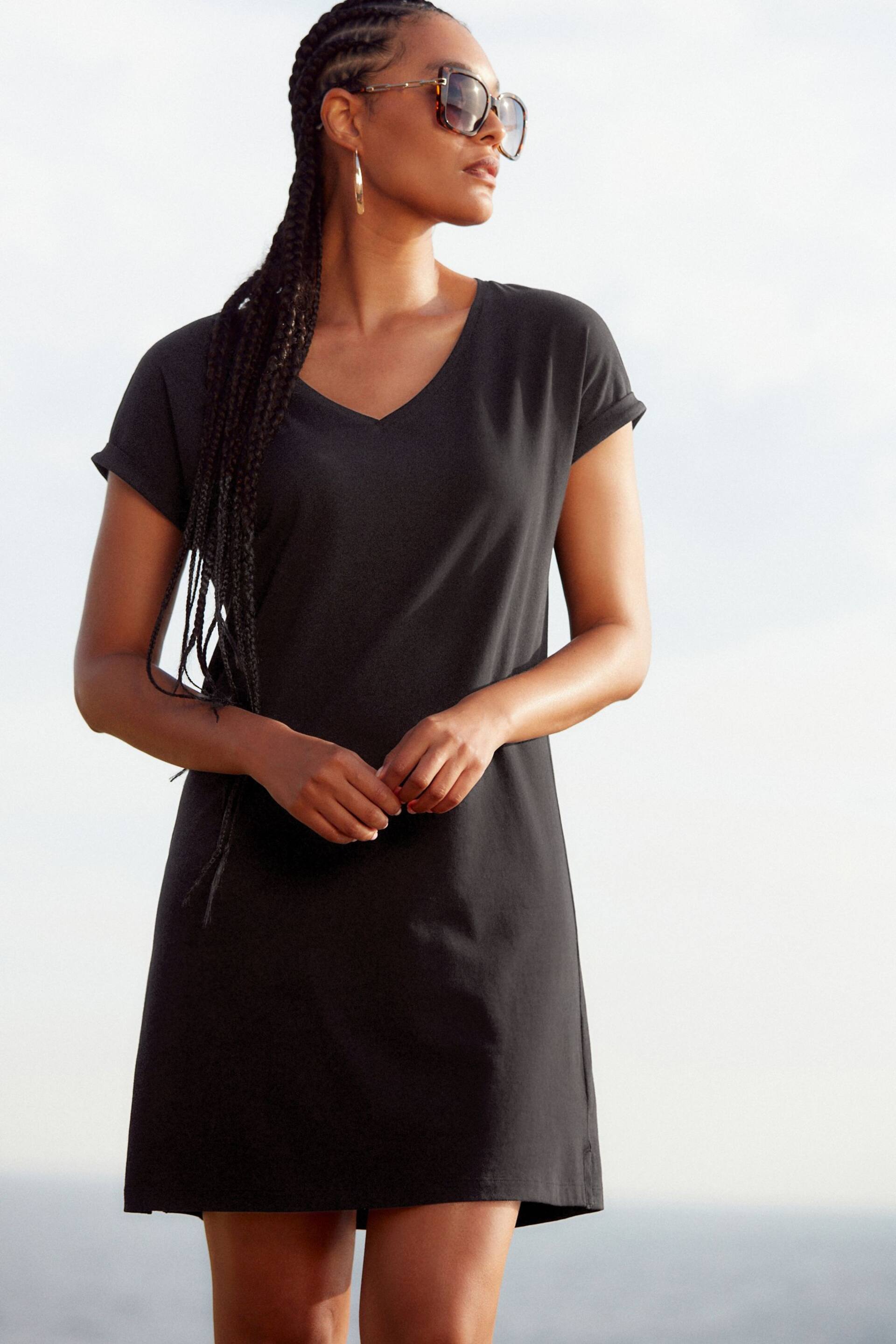 Black 100% Cotton Relaxed V-Neck Capped Sleeve Tunic Dress - Image 1 of 5
