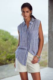 Blue/White Stripe Sleeveless Ruched Side Linen Blend Shirt - Image 1 of 6