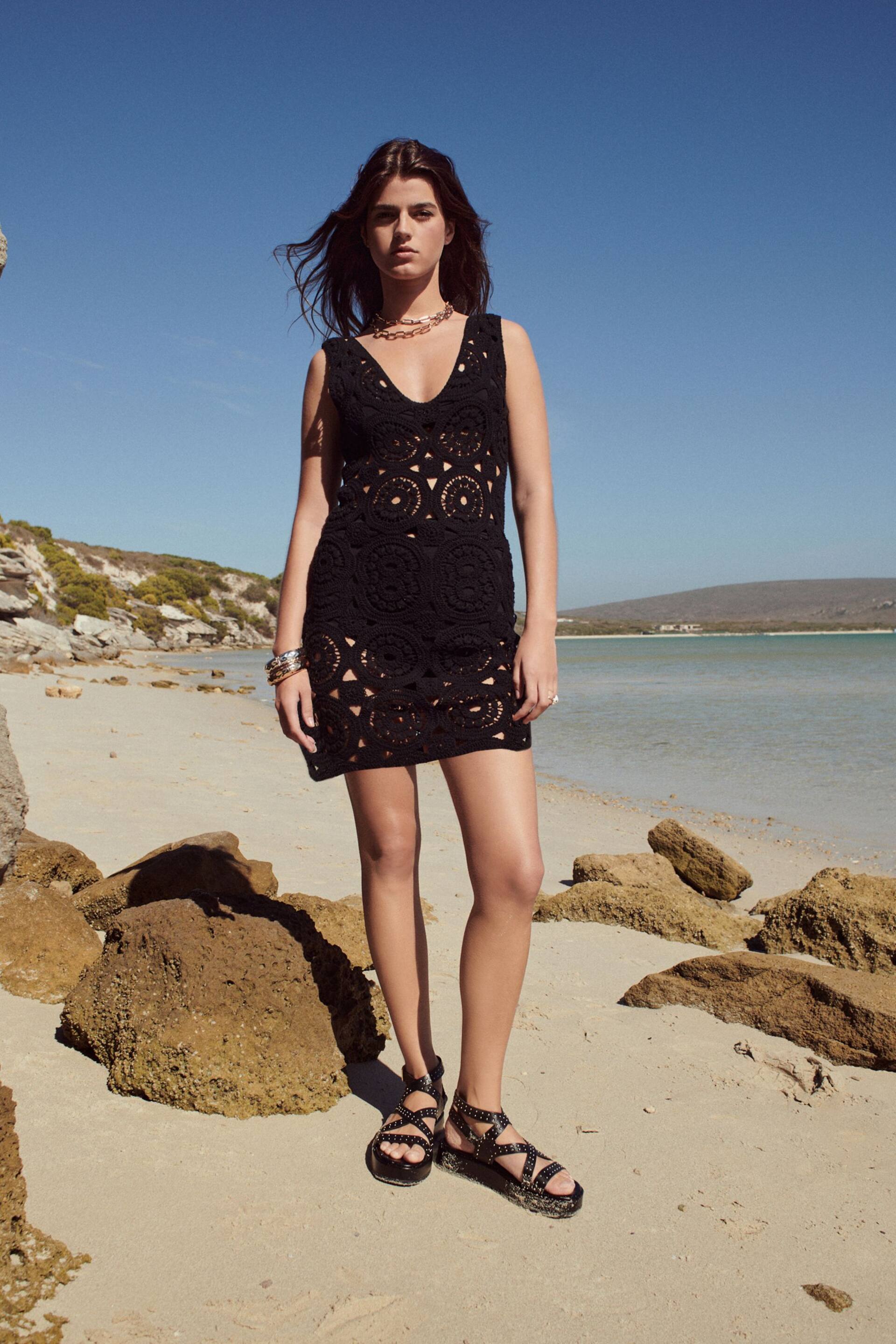 Black Mini Crochet Cover-Up Dress - Image 1 of 8
