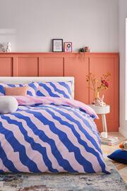 Blue/Pink Reversible Bright Wave with Pipe Edge Duvet Cover and Pillowcase Set - Image 1 of 3