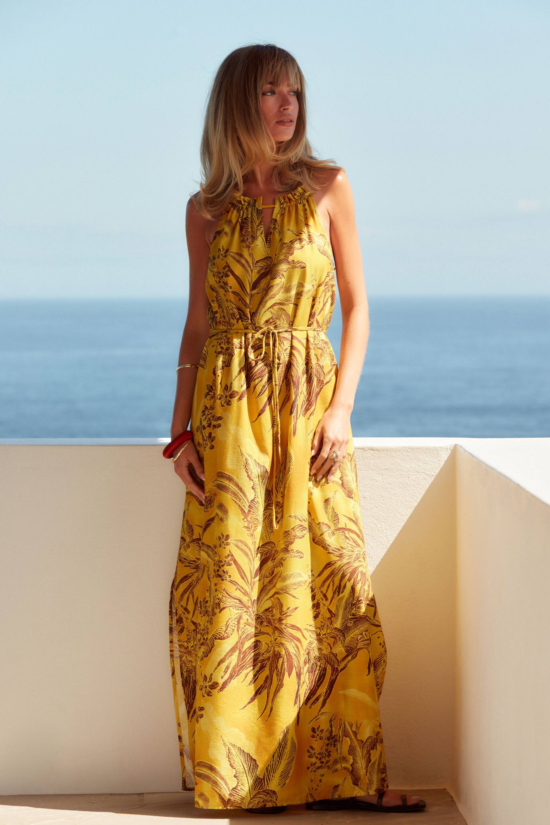 Ochre Yellow Leaf Print Strappy Maxi Summer Dress - Image 1 of 7