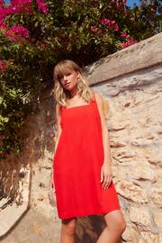Red Square Neck Shift Mini Dress With Linen - Image 1 of 6