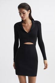 Reiss Black Freya Cut-Out Collared Knitted Bodycon Dress - Image 1 of 5