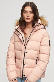 Superdry Pink Faux Fur Short Hooded Puffer Jacket - Image 1 of 5