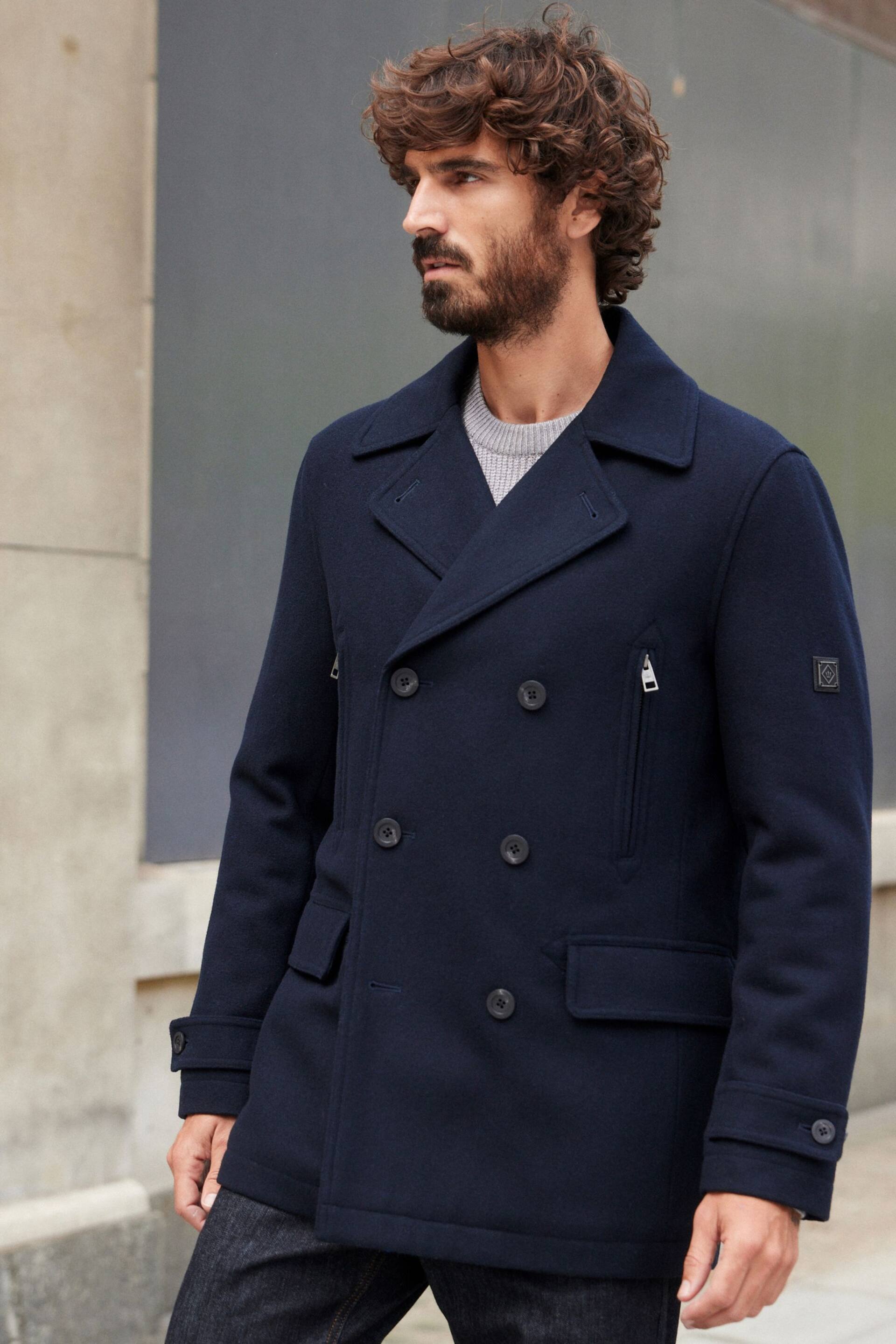 Navy Blue Wool Rich Double Breasted Peacoat - Image 1 of 12