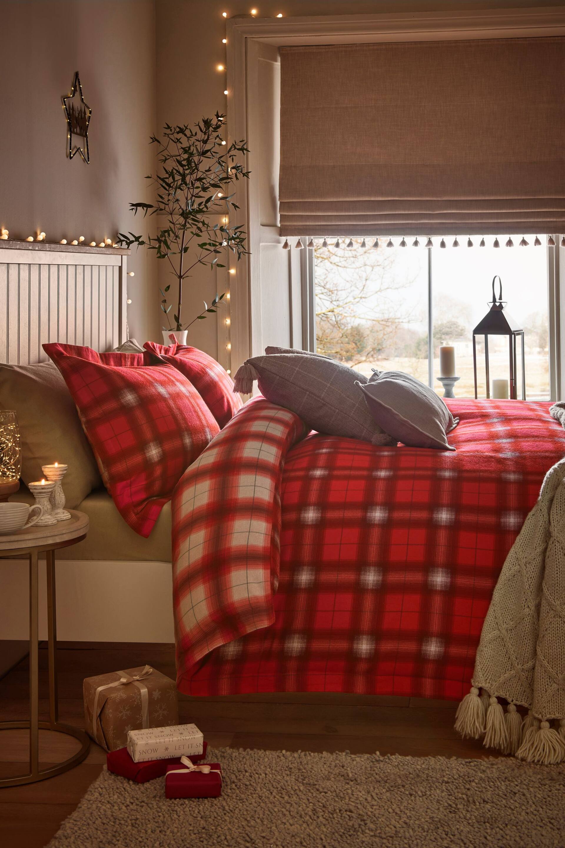 Red Check Reversible Christmas Brushed Cotton Oxford Duvet Cover and Pillowcase Set - Image 1 of 9