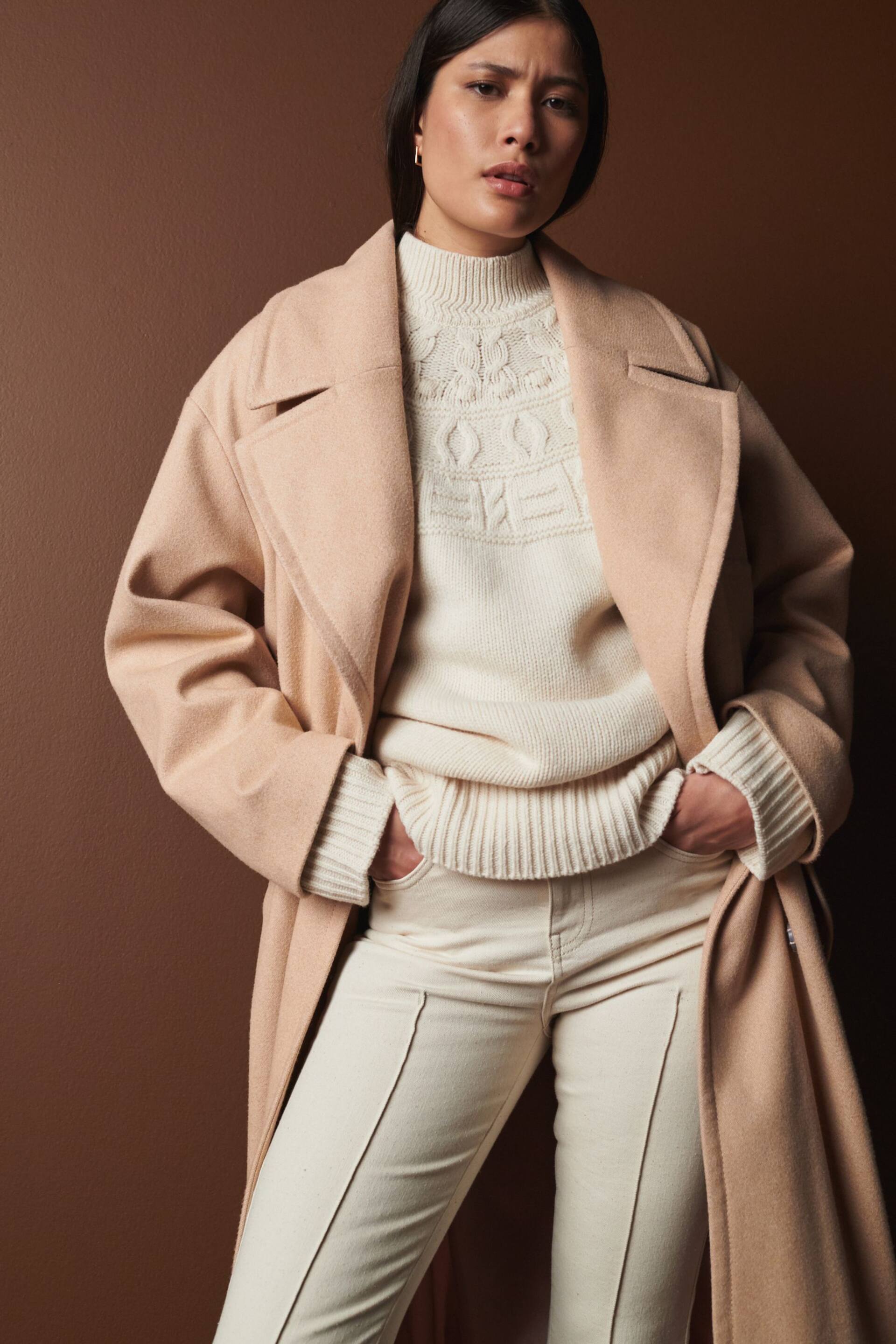 Neutral Mid-Length Coat with Detachable Faux Fur Collar - Image 1 of 12