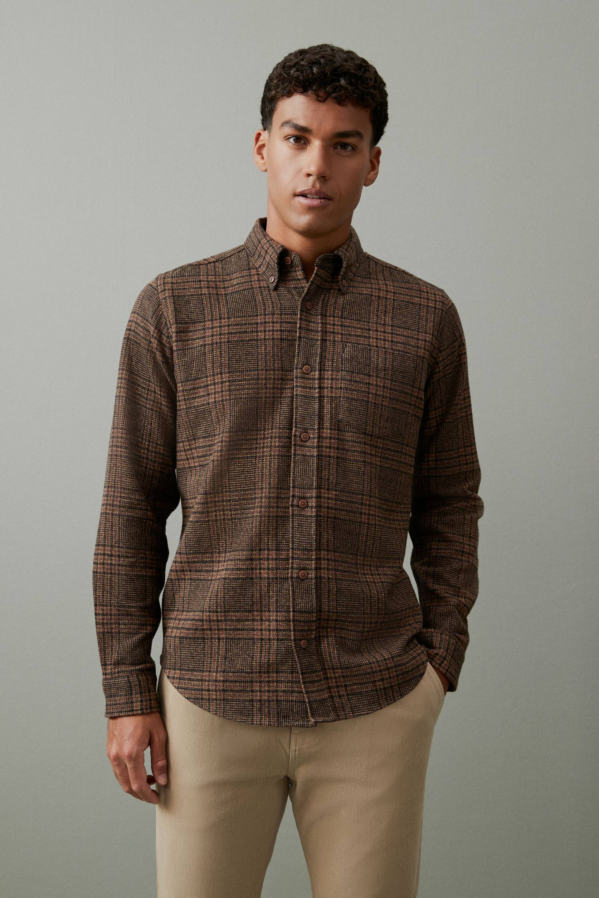 Brown Textured Check Long Sleeve Shirt - Image 1 of 9