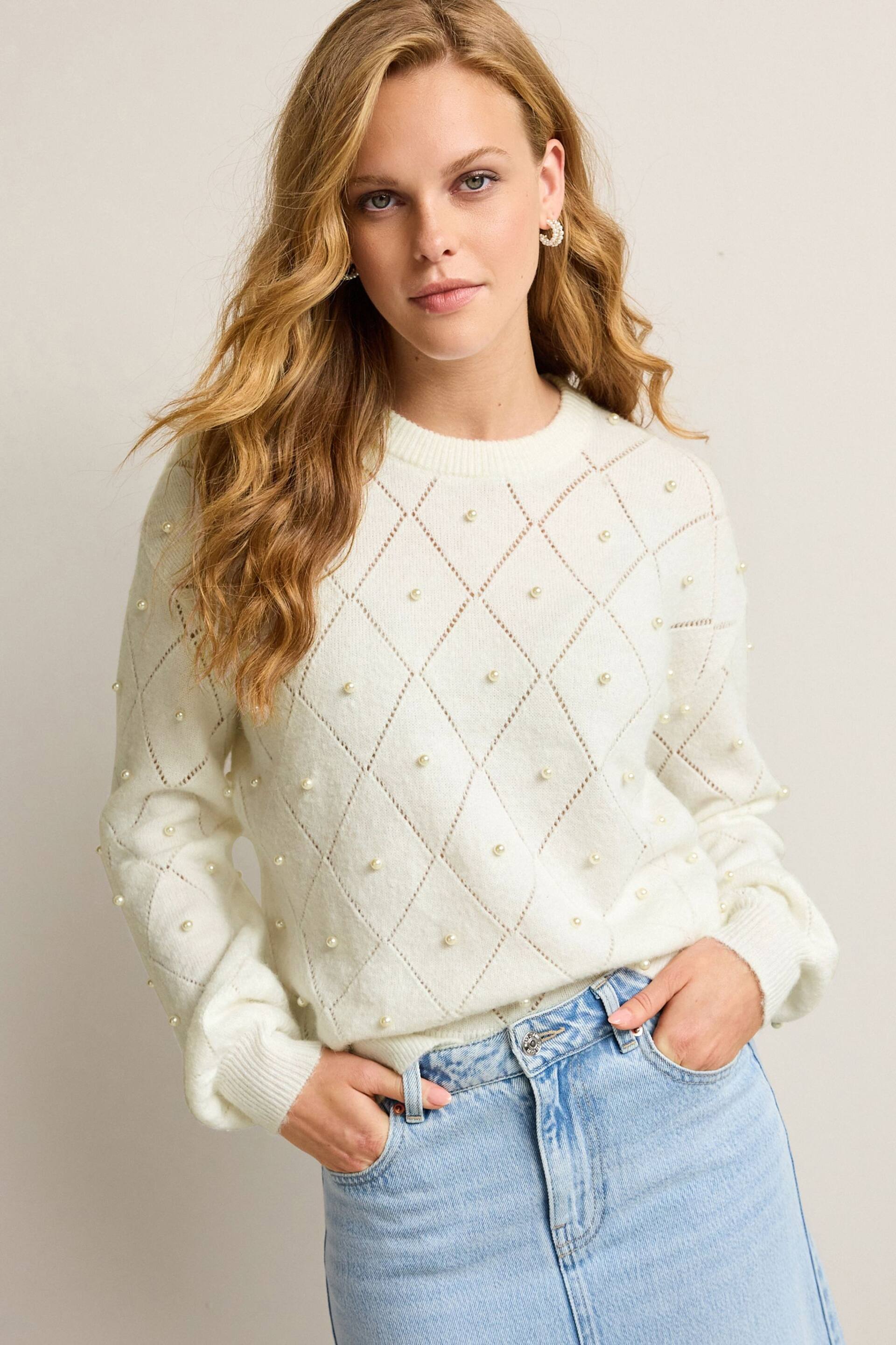 Ecru White Pearl Embellished Jumper - Image 1 of 7