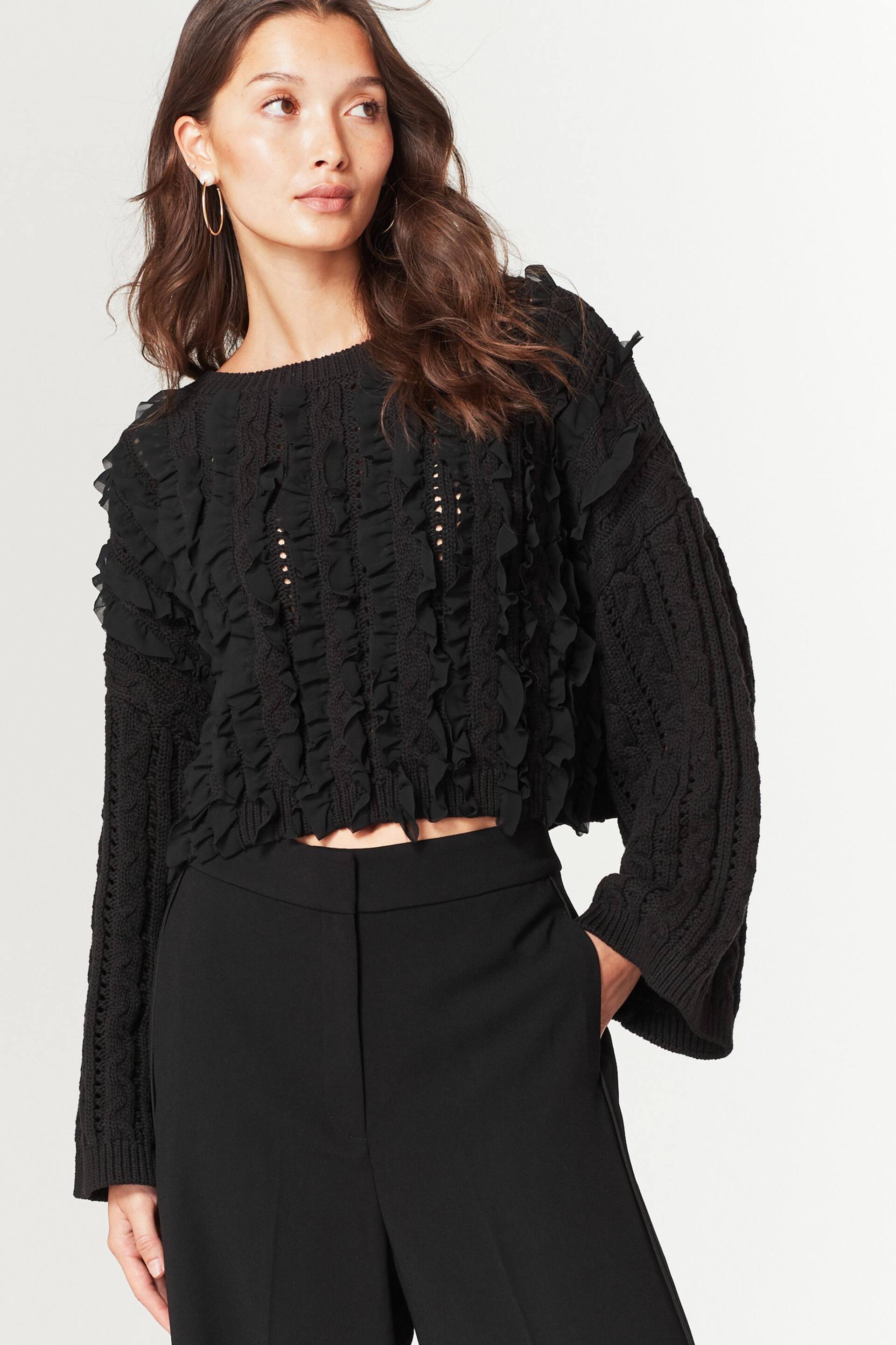 Black Ruffle Cable Long Sleeve Jumper - Image 1 of 6