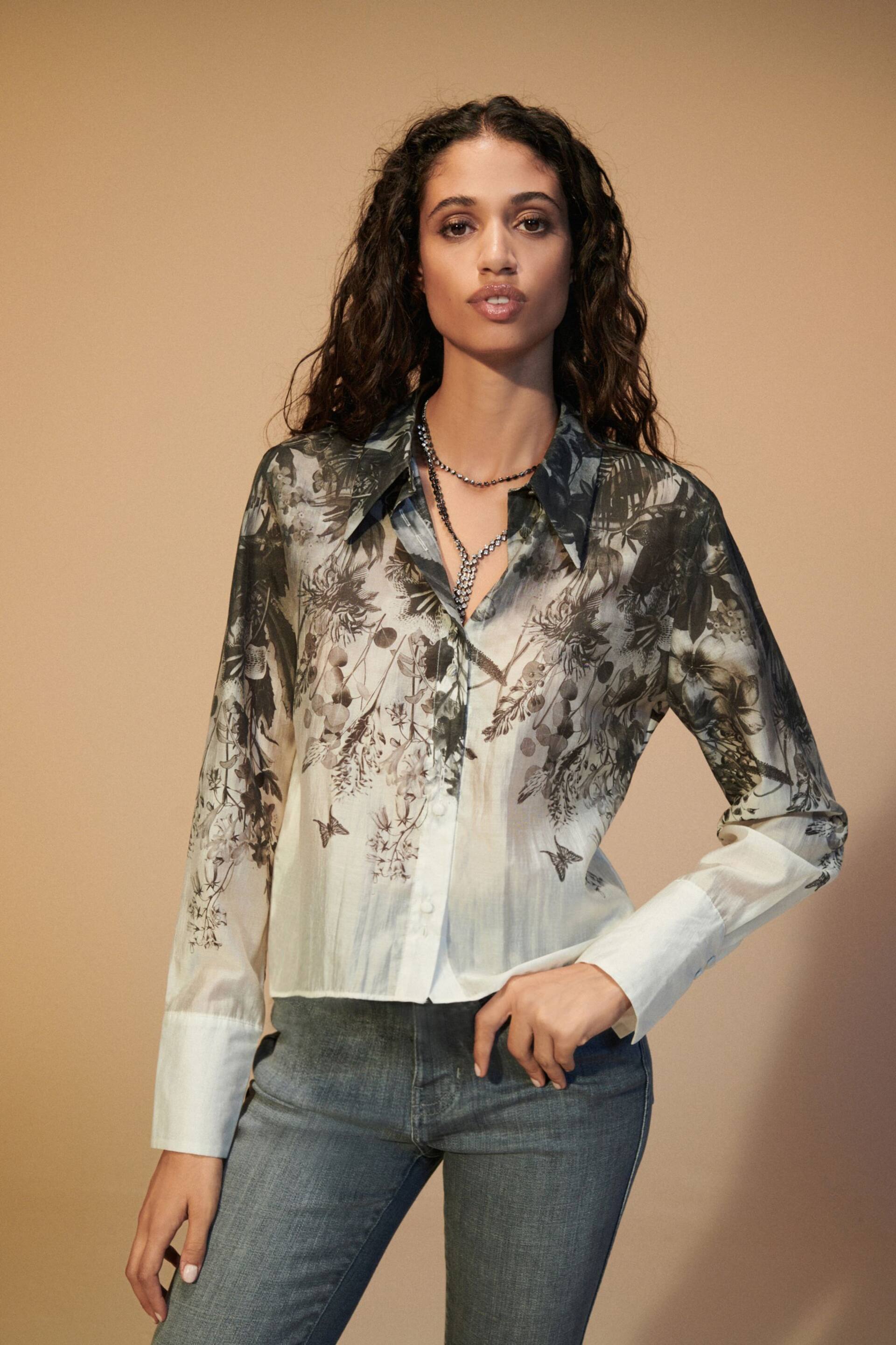 Monochrome Floral Placement Sheer Placement Print Long Sleeve Shirt - Image 1 of 7
