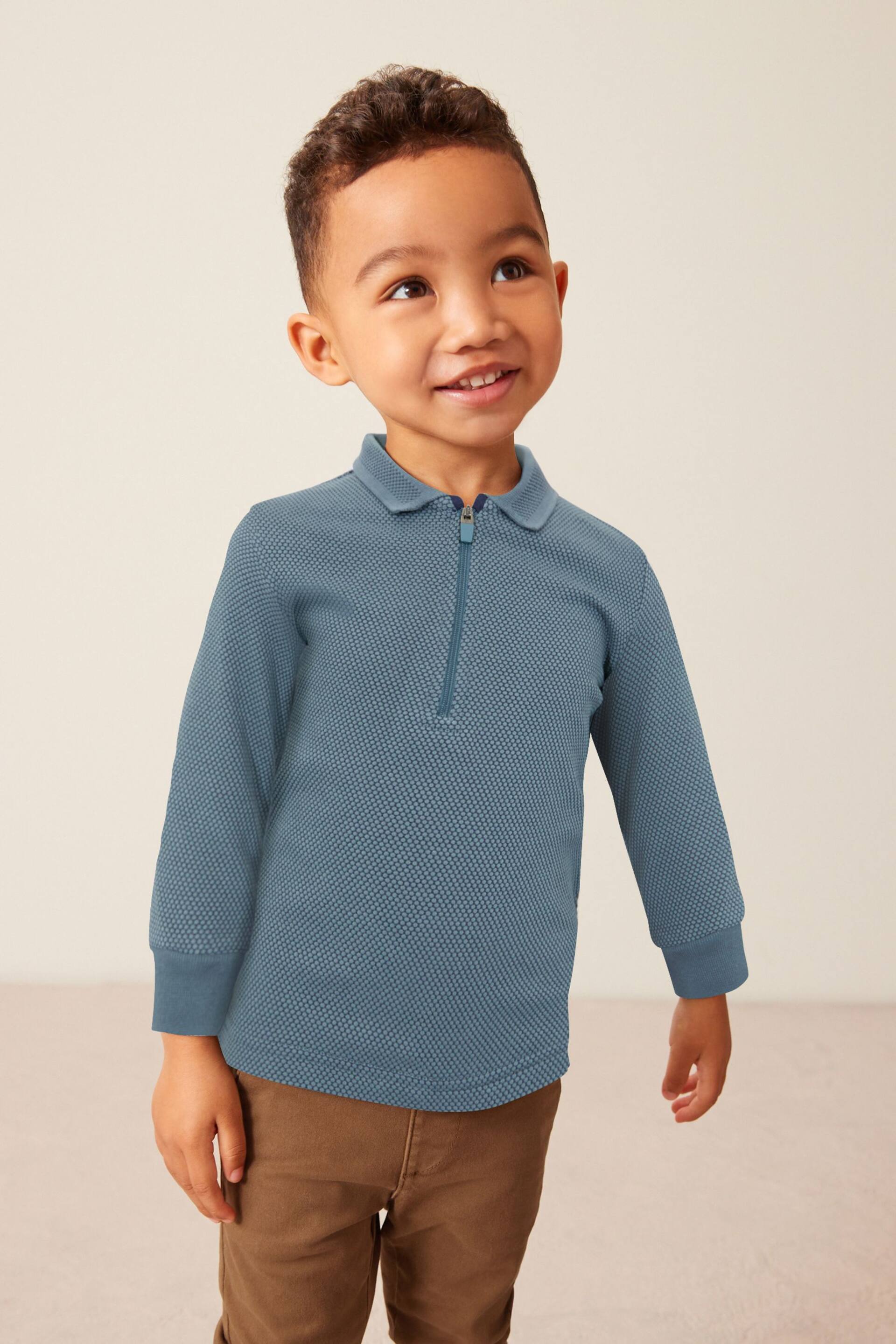 Blue Long Sleeve Textured Zip Polo Shirt (3mths-7yrs) - Image 1 of 7