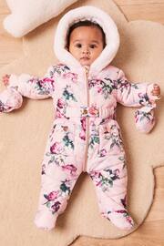 Lipsy Pink Floral Fleece Lined Baby Snowsuit - Image 1 of 5