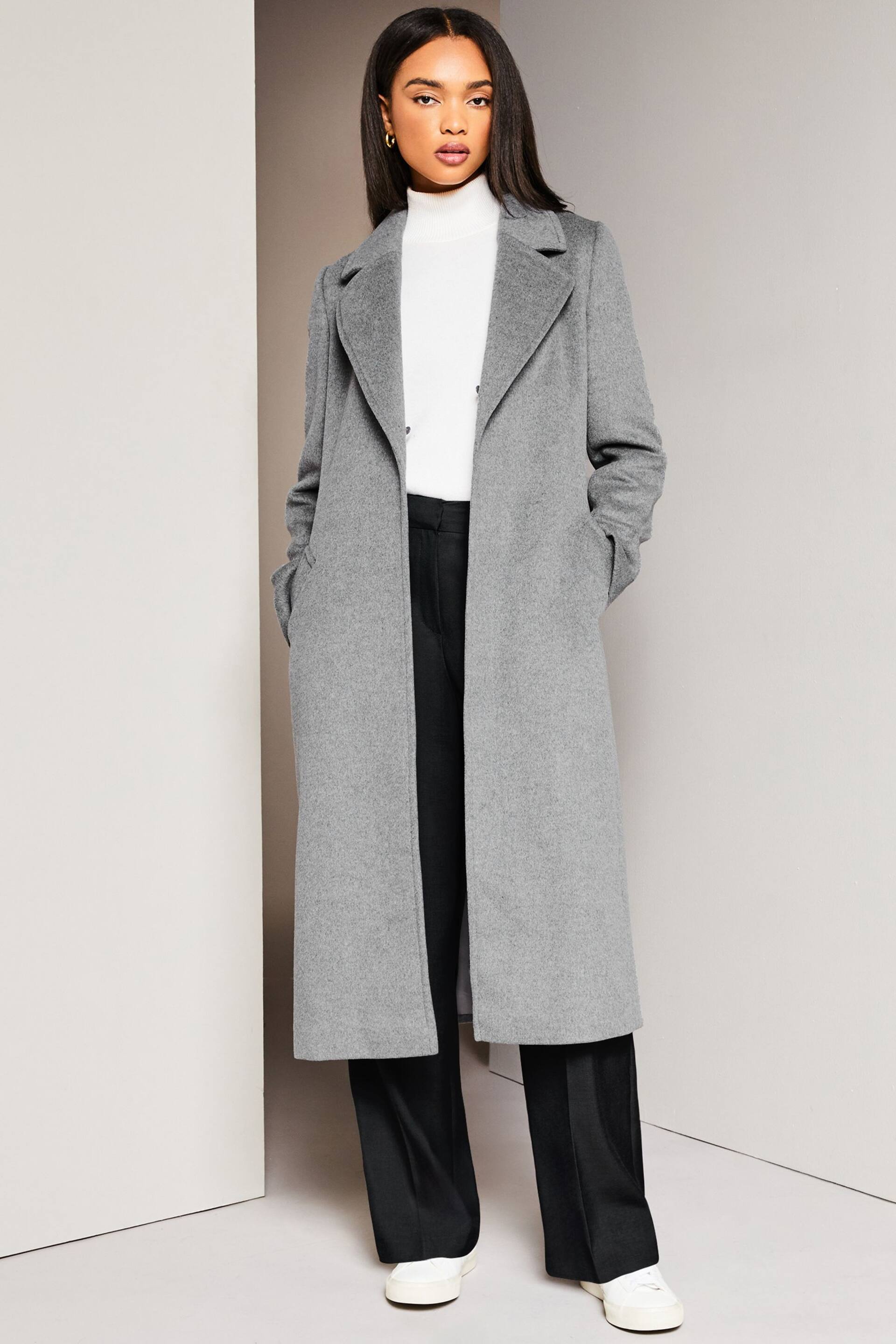 Lipsy Grey Premium Wool Blend Faux Fur Collar Wrap Coat - Image 1 of 4