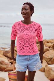 Fluro Pink Short Sleeve Crochet Crew Neck T-Shirt - Image 1 of 7