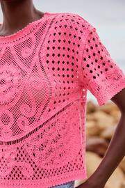 Fluro Pink Short Sleeve Crochet Crew Neck T-Shirt - Image 5 of 7