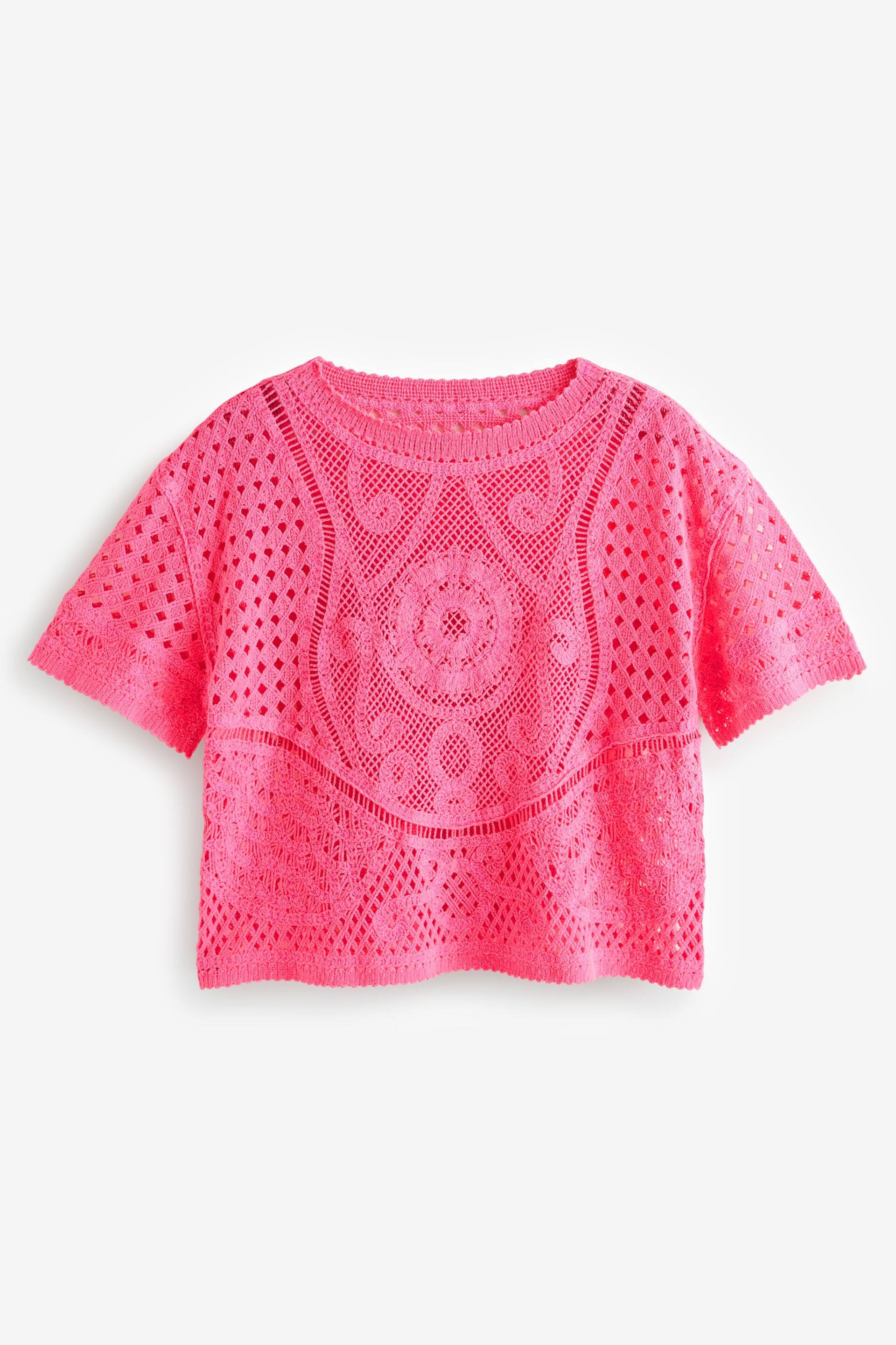 Fluro Pink Short Sleeve Crochet Crew Neck T-Shirt - Image 6 of 7