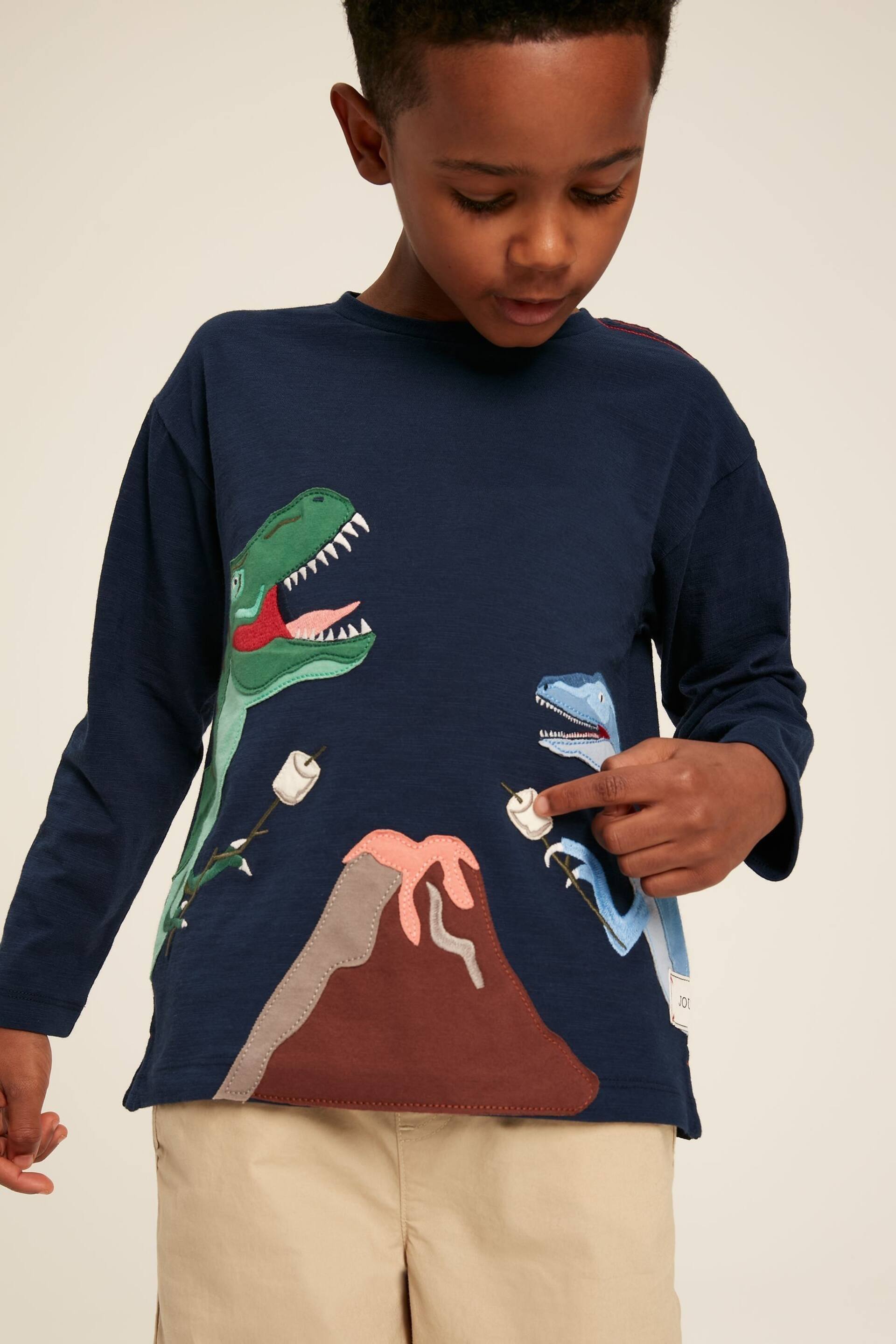 Joules Dylan Navy Long Sleeve Dinosaur T-Shirt - Image 1 of 11