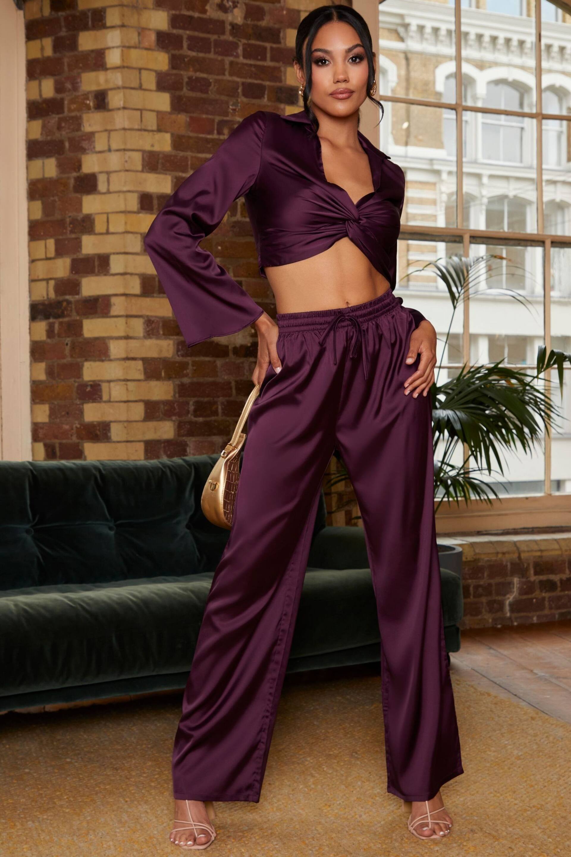 Chi Chi London Purple Elasticated Waist Wide Leg Plisse Trousers - Image 1 of 4