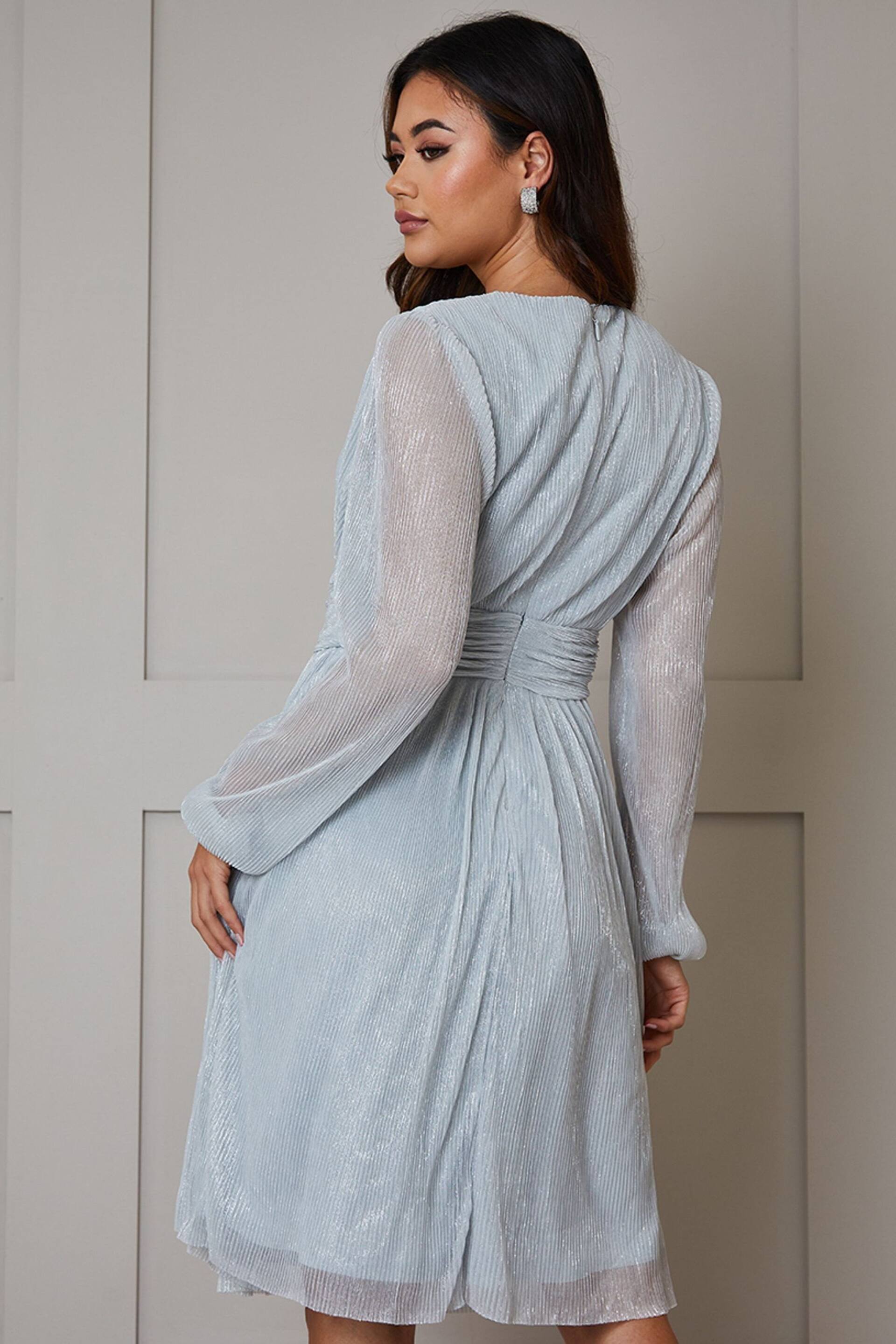 Chi Chi London Blue Long Sleeve Glitter Plisse Wrap Midi Dress - Image 2 of 4