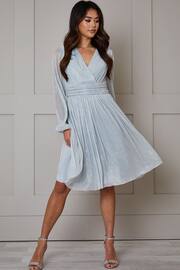 Chi Chi London Blue Long Sleeve Glitter Plisse Wrap Midi Dress - Image 3 of 4