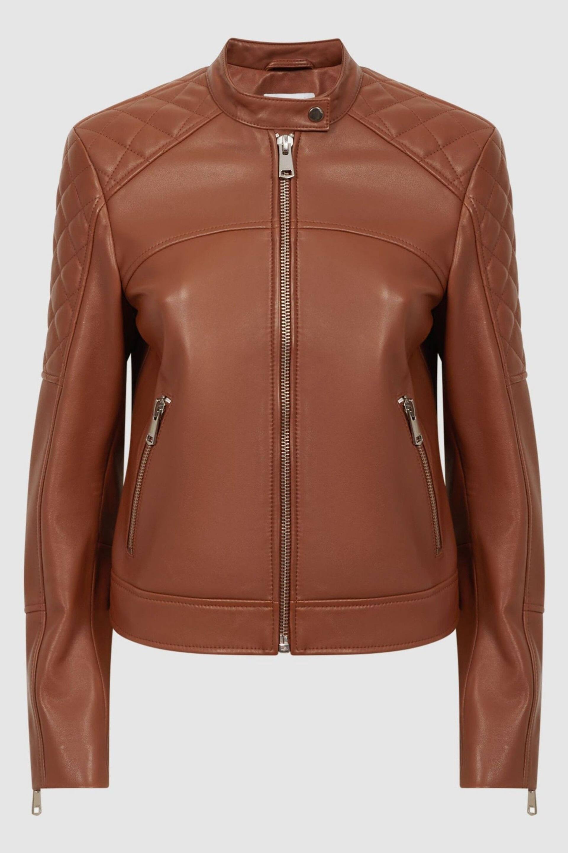Reiss Tan Adelaide Leather Collarless Quilted Jacket - Image 2 of 5