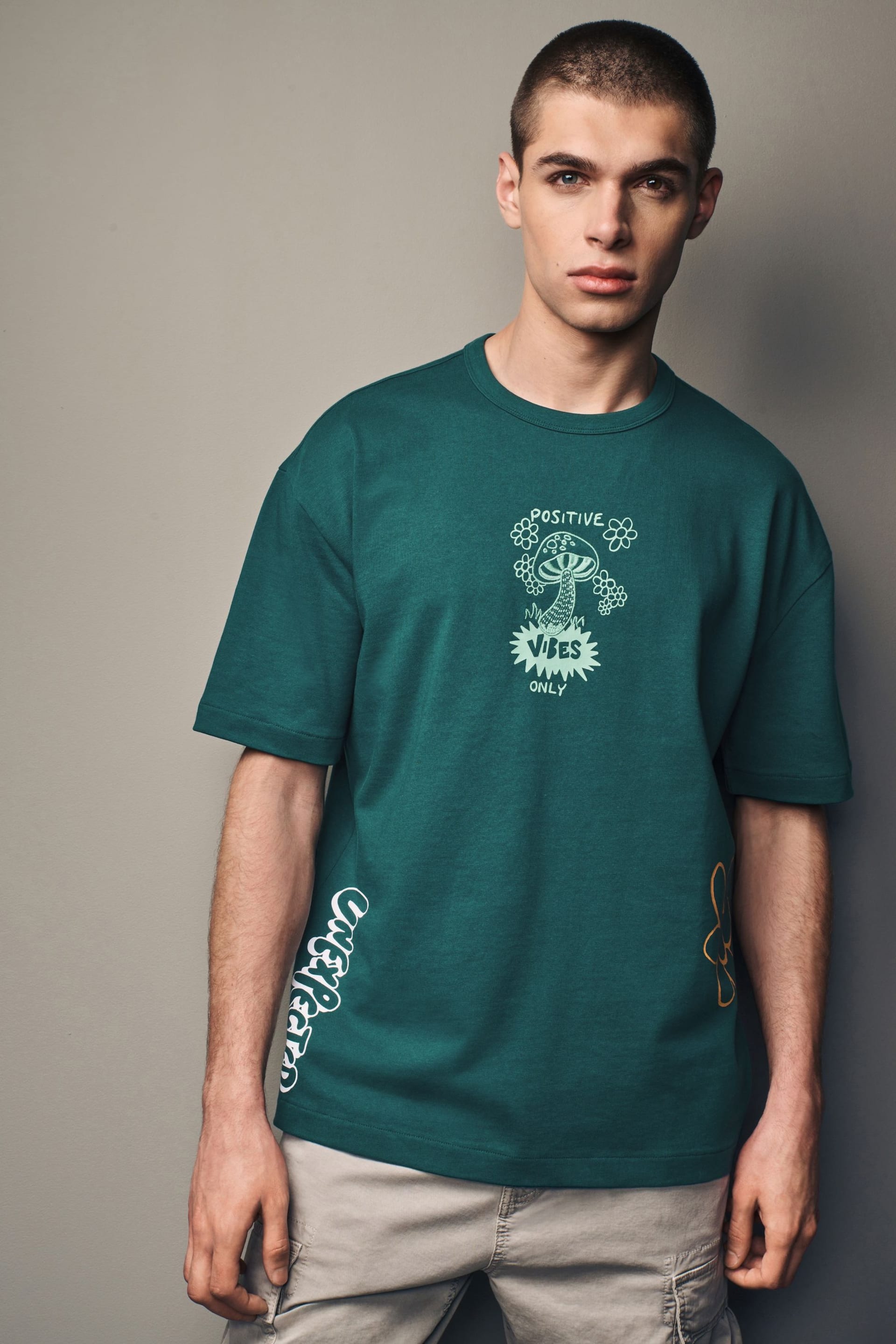 Green Mushroom Relaxed Fit Floral Nature Graphic T-Shirt - Image 3 of 6