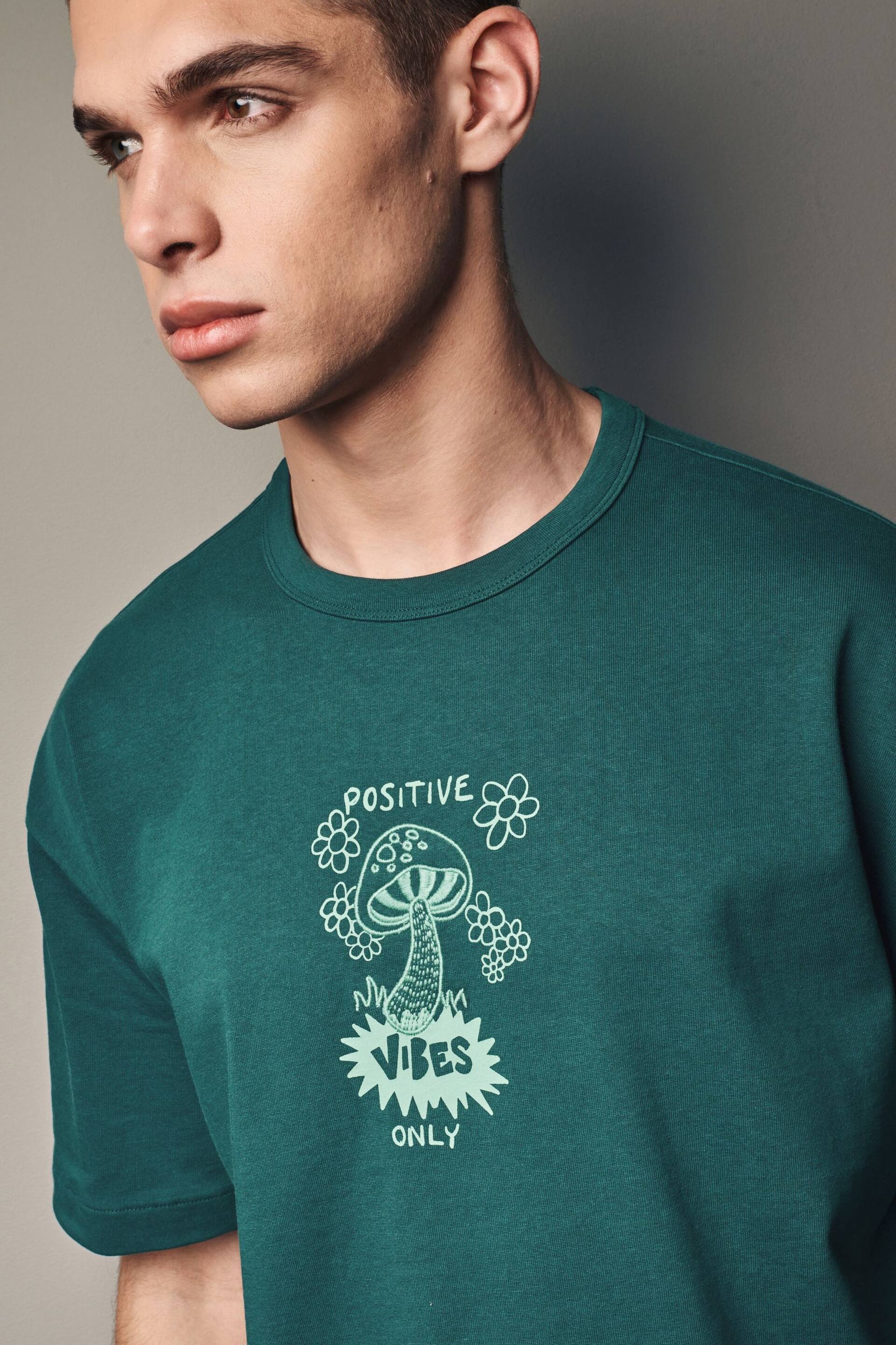 Green Mushroom Relaxed Fit Floral Nature Graphic T-Shirt - Image 4 of 6