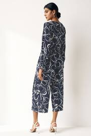 Navy Blue Swirl Print Long Sleeve Belted Jumpsuit - Image 2 of 8
