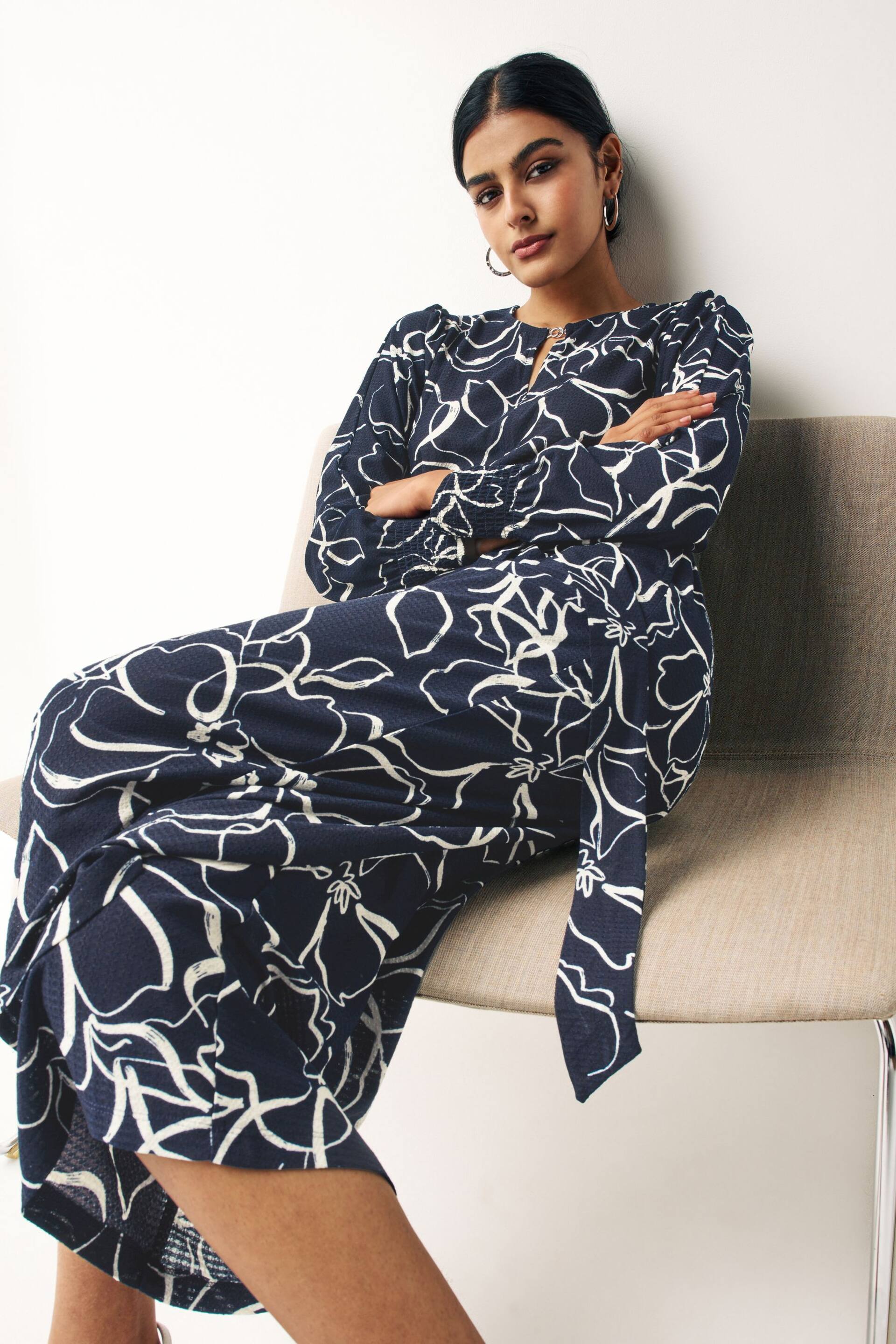 Navy Blue Swirl Print Long Sleeve Belted Jumpsuit - Image 4 of 8
