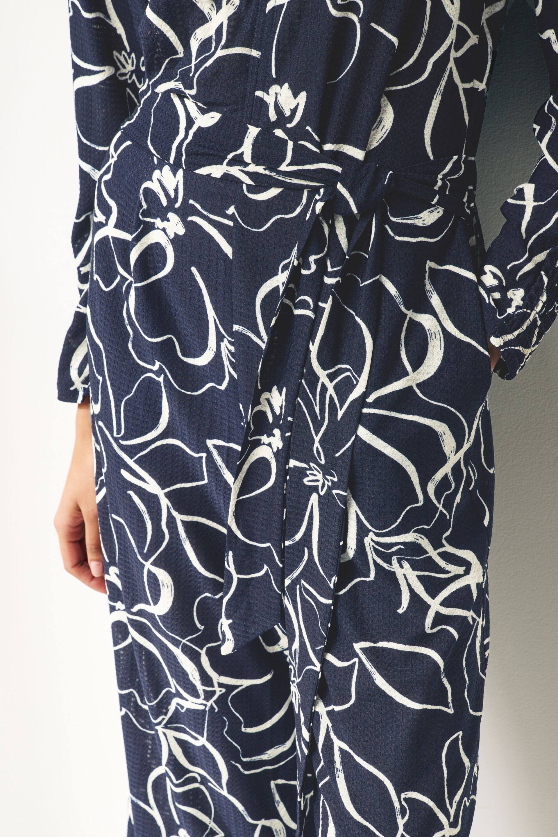 Navy Blue Swirl Print Long Sleeve Belted Jumpsuit - Image 5 of 8