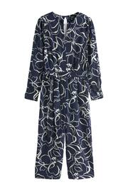 Navy Blue Swirl Print Long Sleeve Belted Jumpsuit - Image 6 of 8
