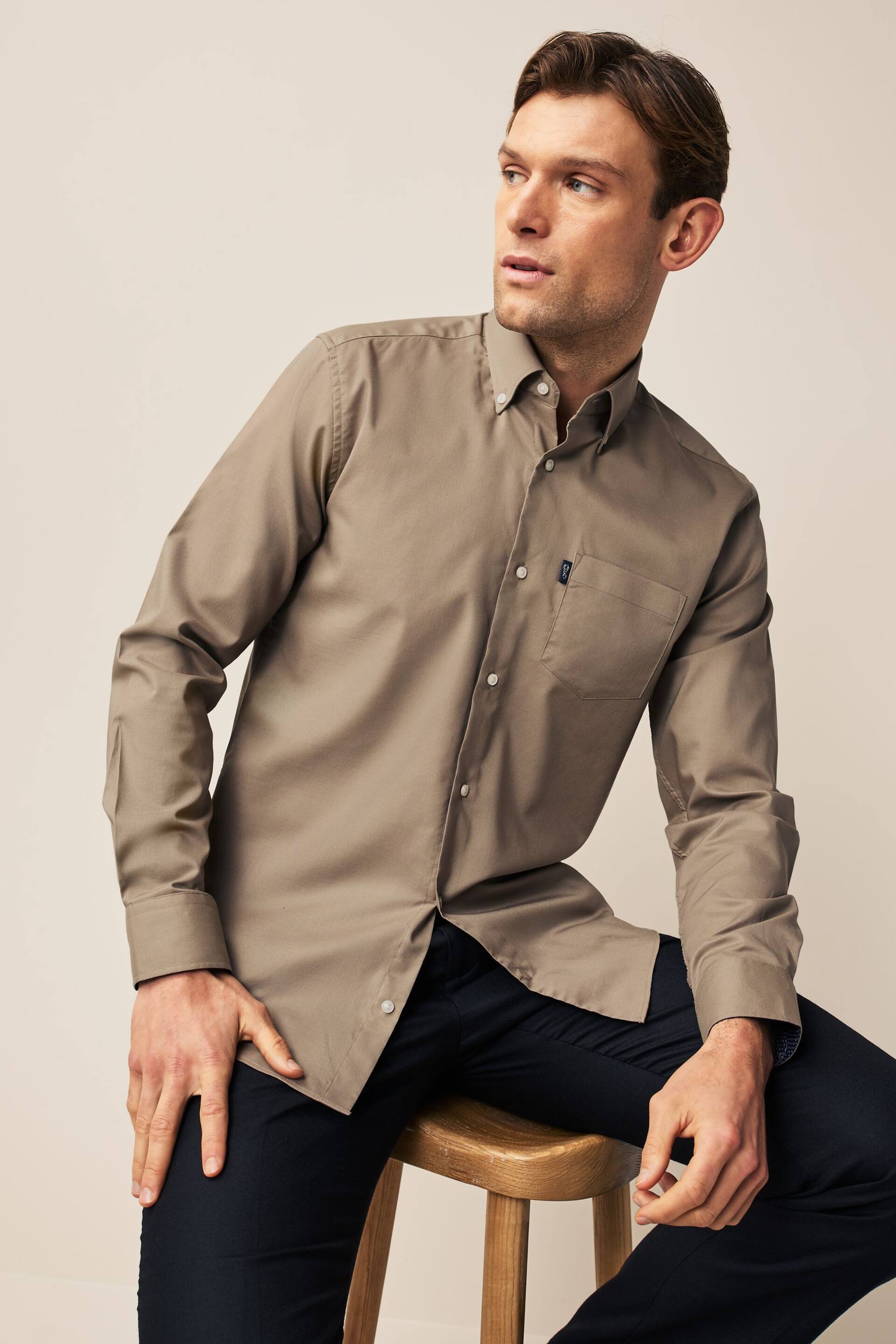 Neutral Brown Regular Fit Easy Iron Button Down Oxford Shirt - Image 1 of 9
