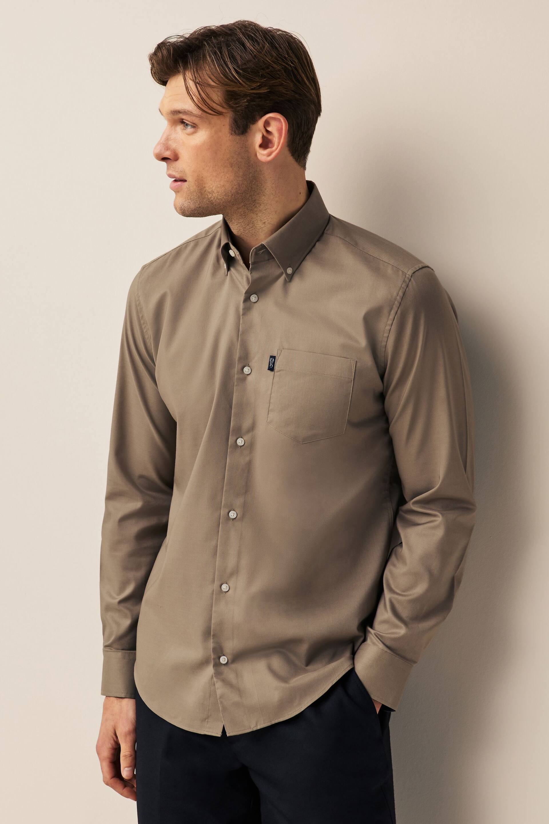 Neutral Brown Regular Fit Easy Iron Button Down Oxford Shirt - Image 4 of 9