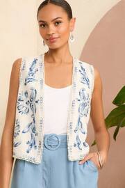 Love & Roses Ivory White and Blue Embroidered Sleeveless Lace Trim Waistcoat - Image 1 of 4