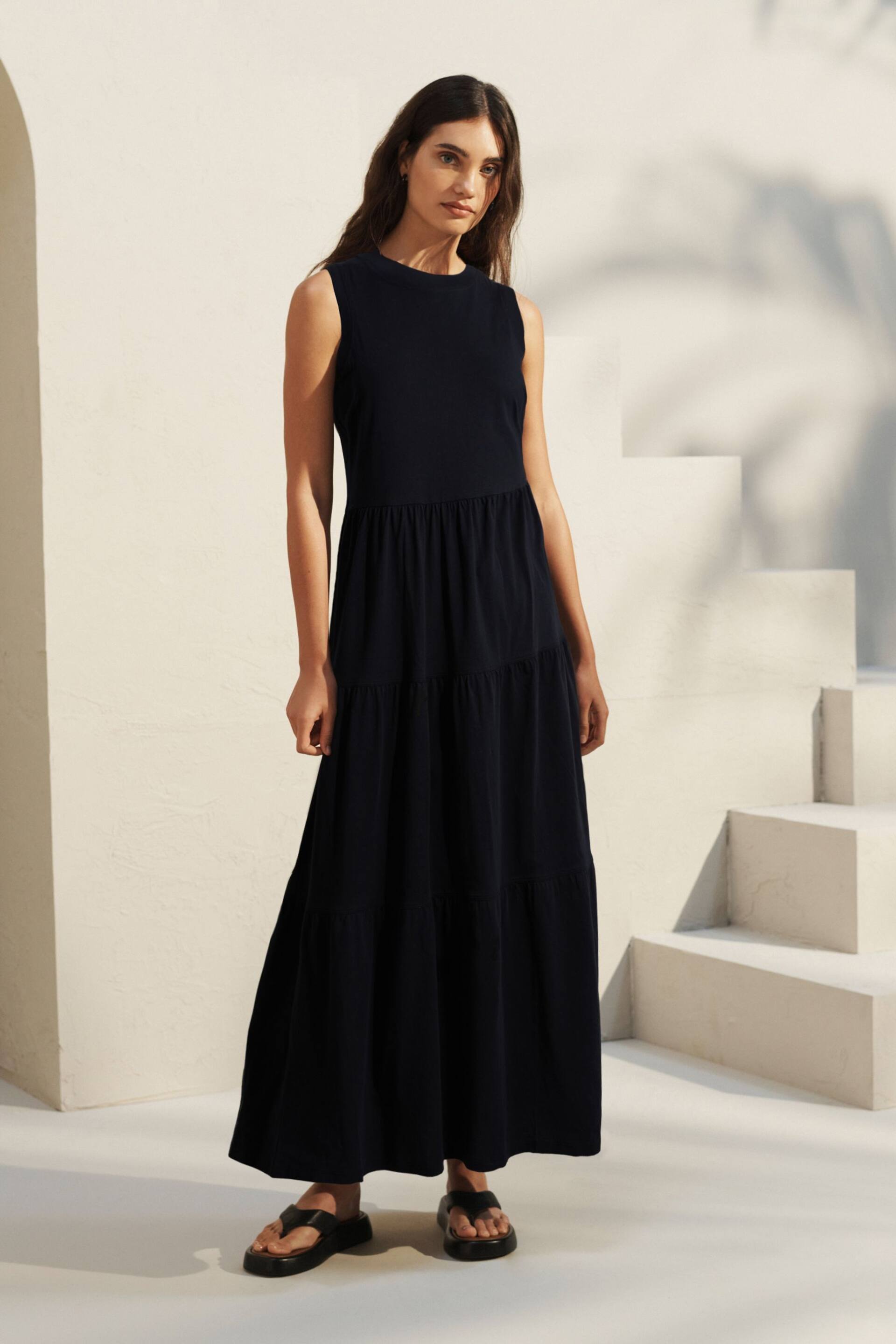 Black Sleeveless Crew Neck Tiered Summer Maxi Jersey Dress - Image 1 of 6