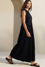 Black Sleeveless Crew Neck Tiered Summer Maxi Jersey Dress - Image 3 of 6