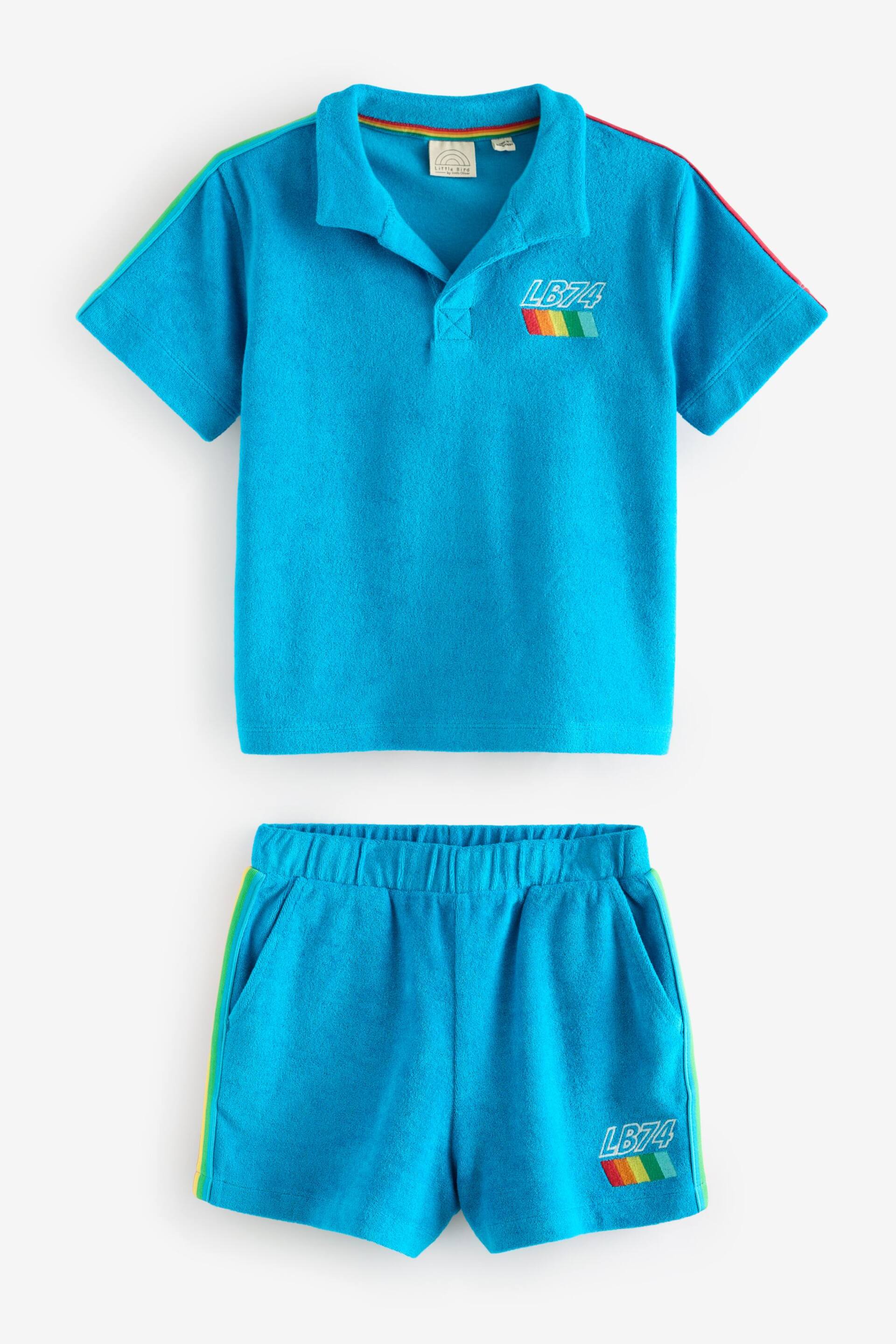 Little Bird by Jools Oliver Blue Towelling Polo Top and Shorts Set - Image 5 of 7
