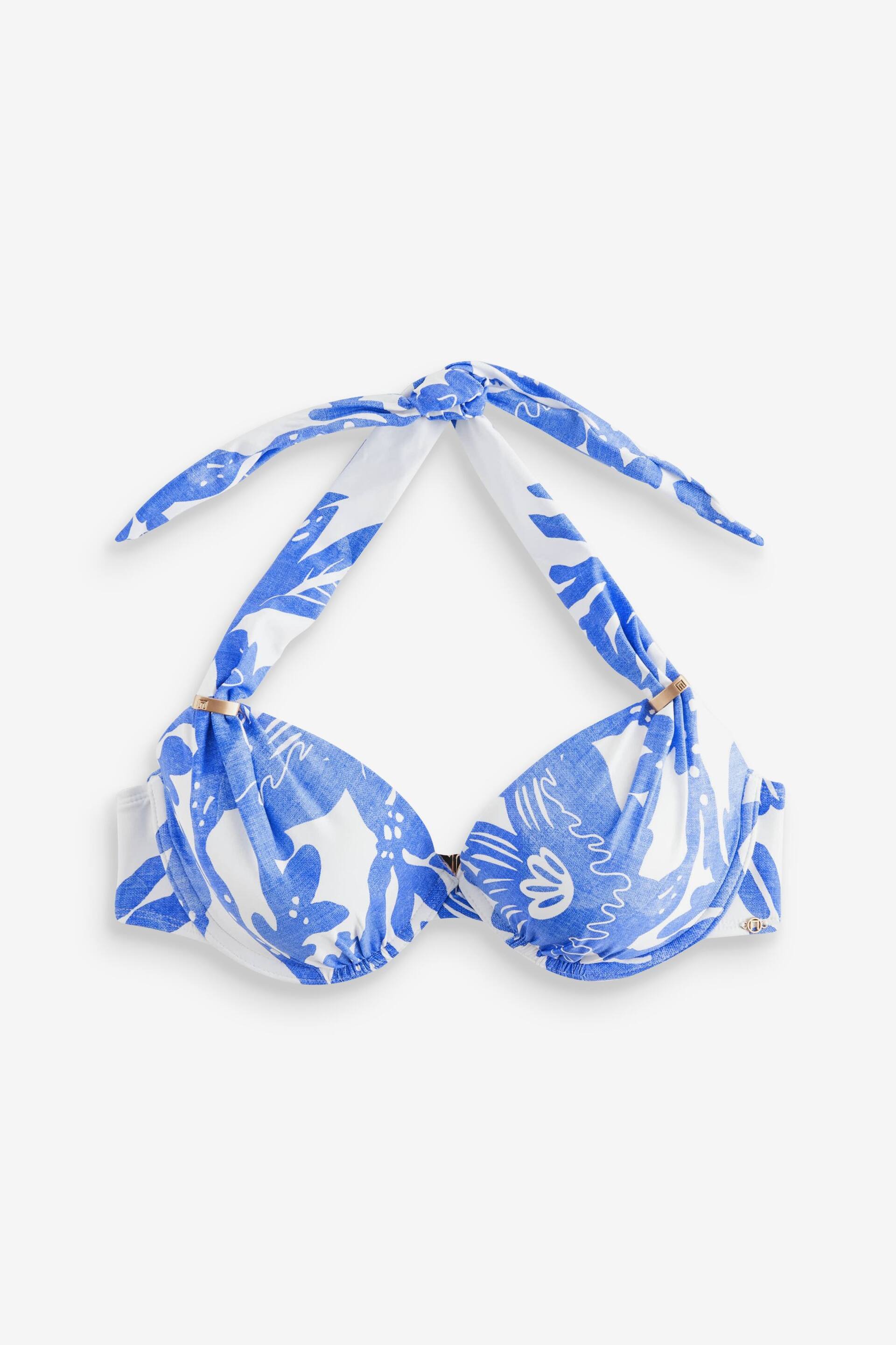 Blue/White Floral Padded Shaping Wired Halter Bikini Top - Image 8 of 8