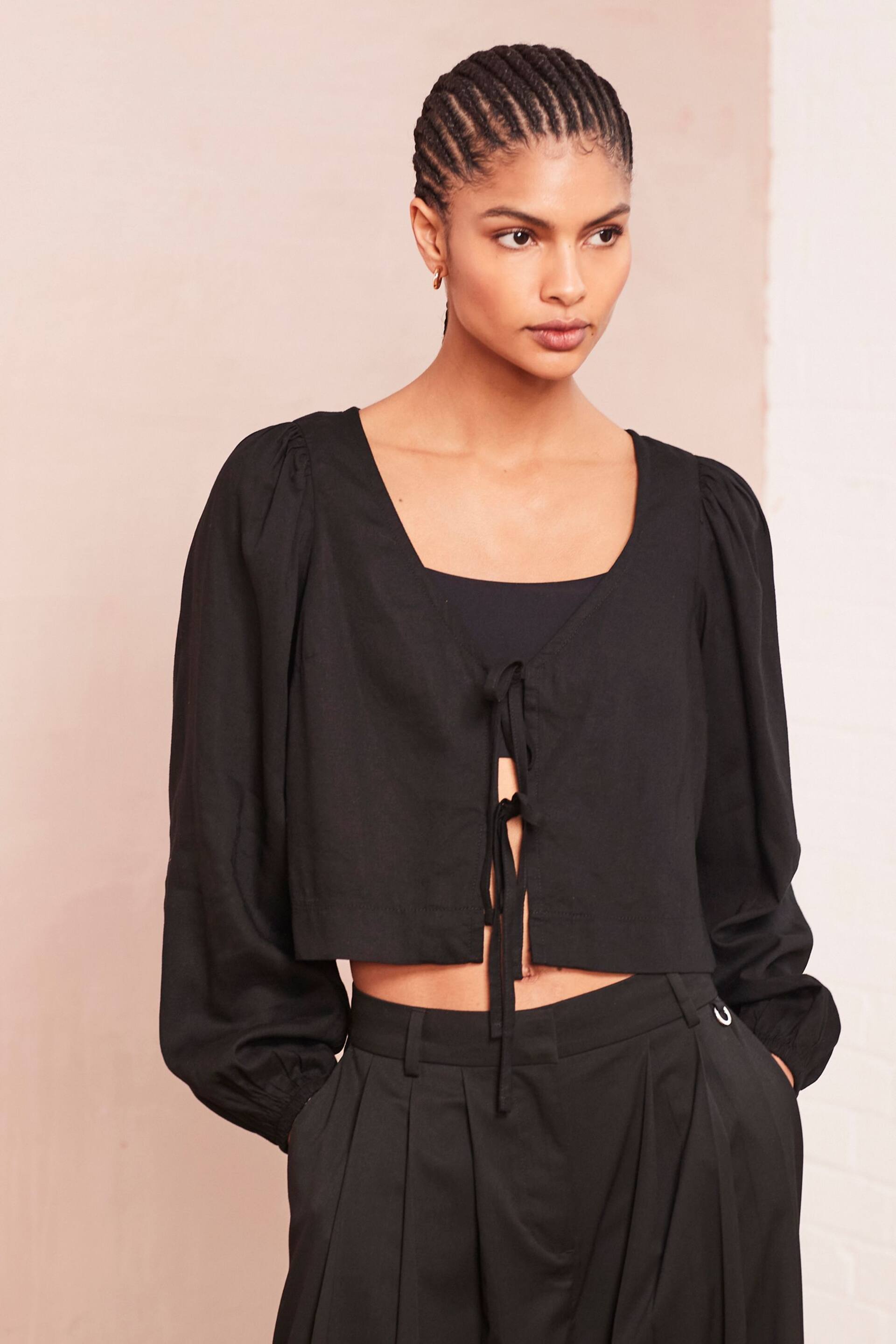 Black Tie Front Blouse with Linen - Image 1 of 6