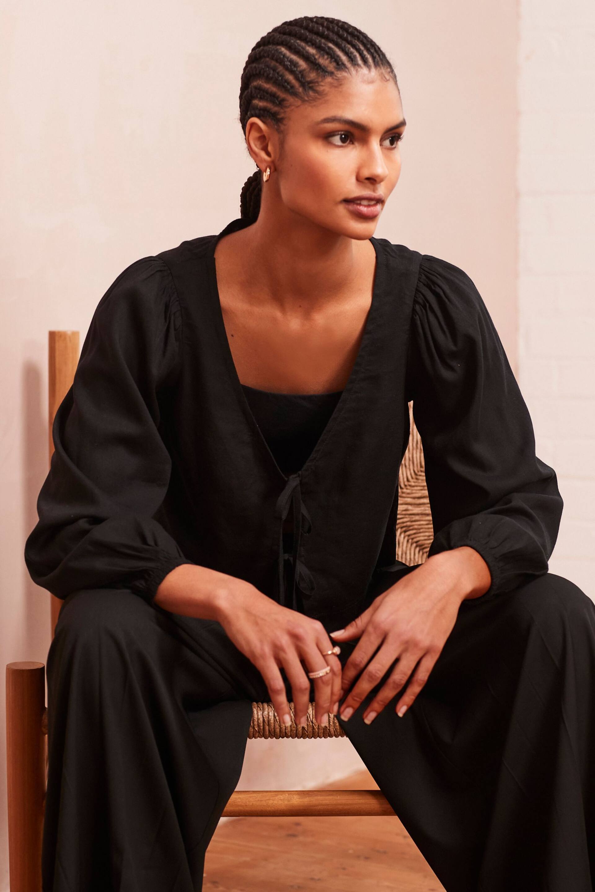 Black Tie Front Blouse with Linen - Image 2 of 6