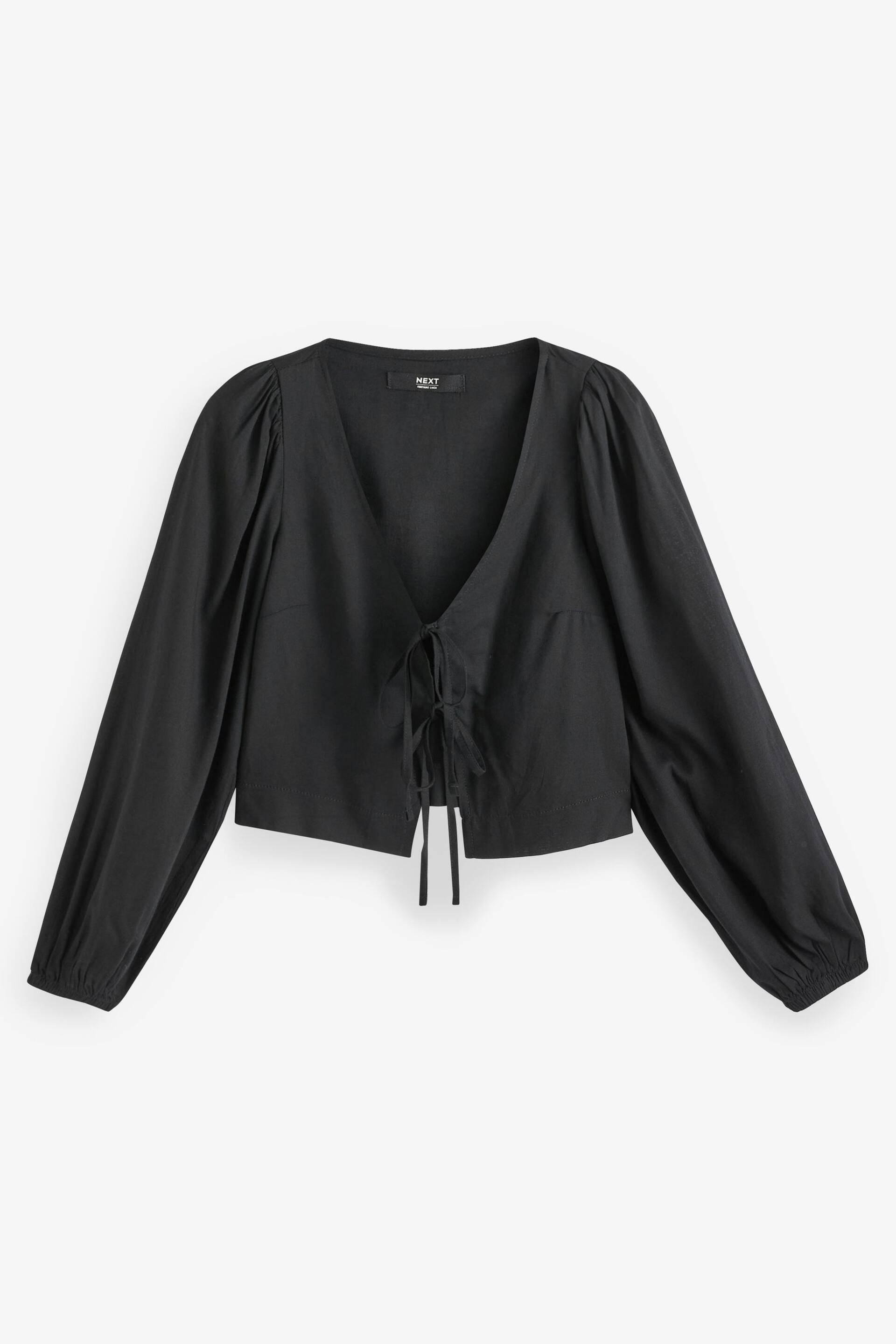 Black Tie Front Blouse with Linen - Image 5 of 6